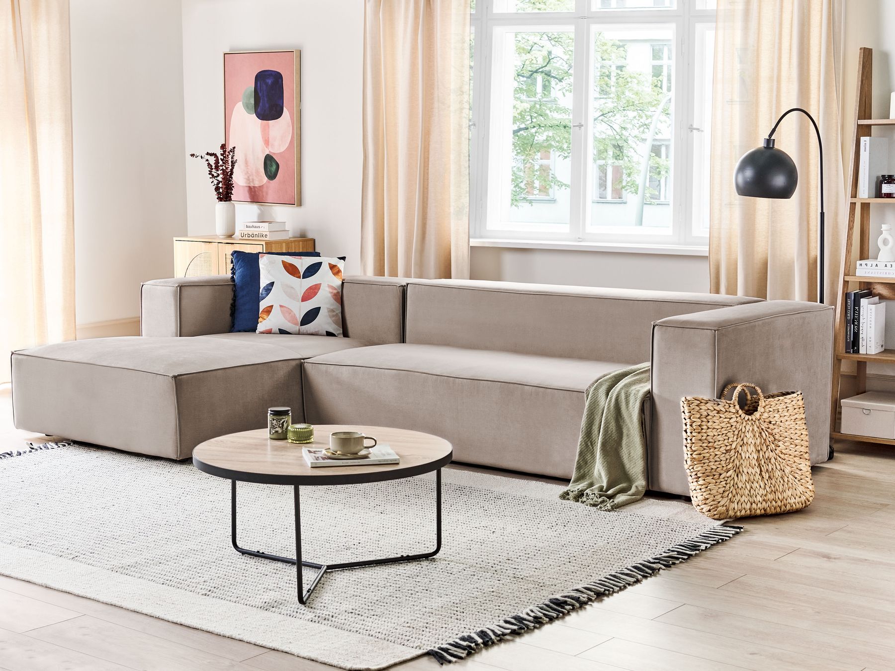 Right Hand Velvet 3 Seater Corner Sofa Taupe Beige VERNON