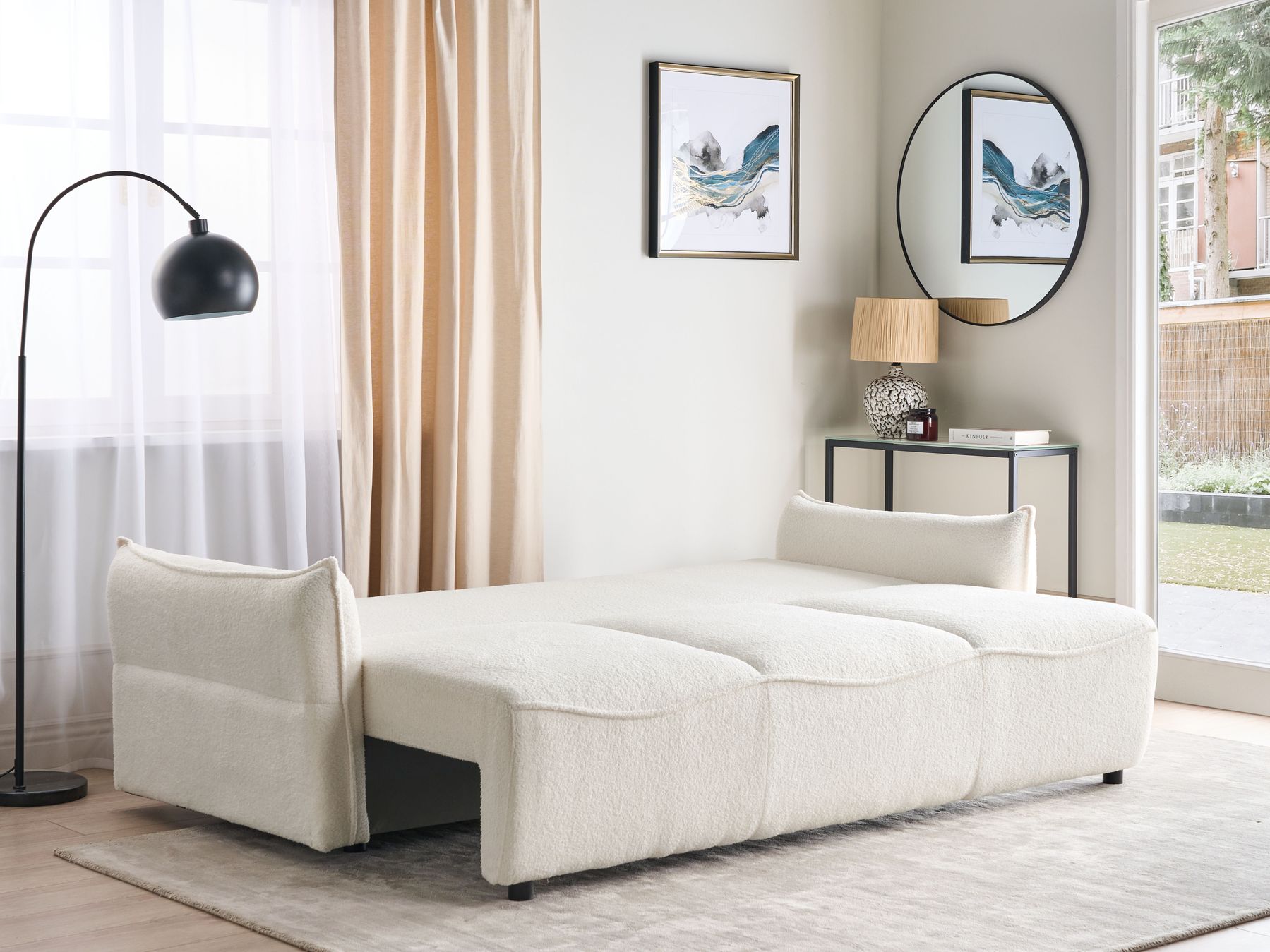 Sofa Bed KRAMA Boucle White with Storage 3 Seater