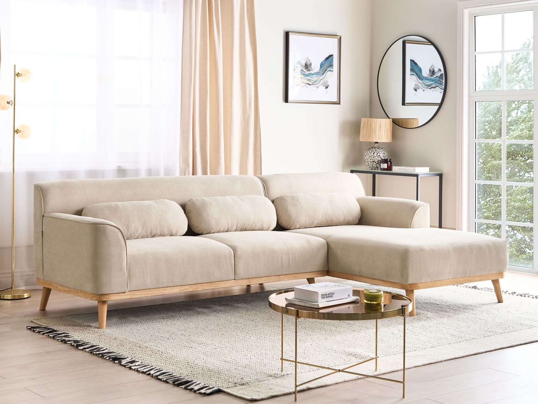 Corner Sofa SIMOS Corduroy Light Beige 3 Seater Left Hand