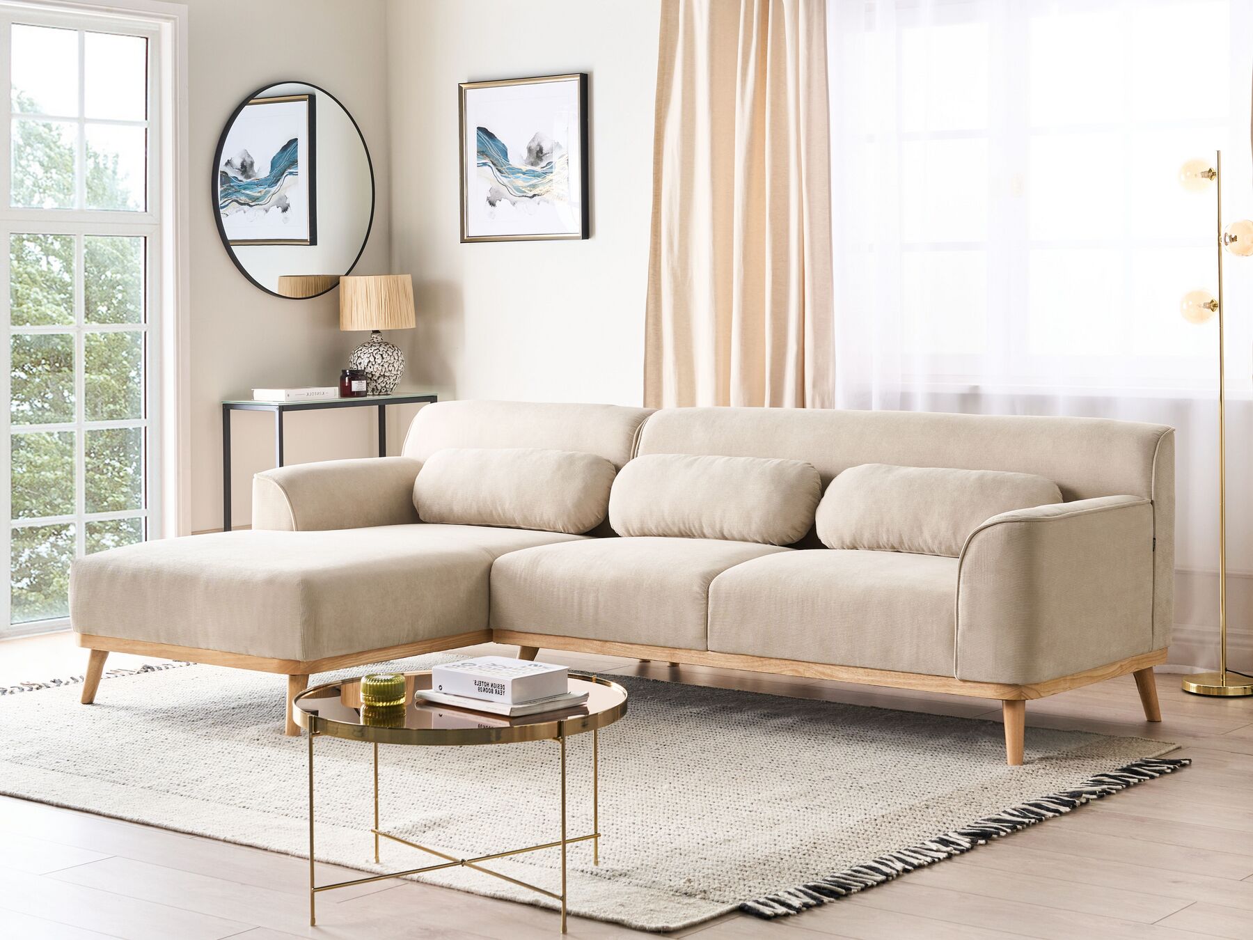 Corner Sofa SIMOS Corduroy Light Beige 3 Seater Right Hand