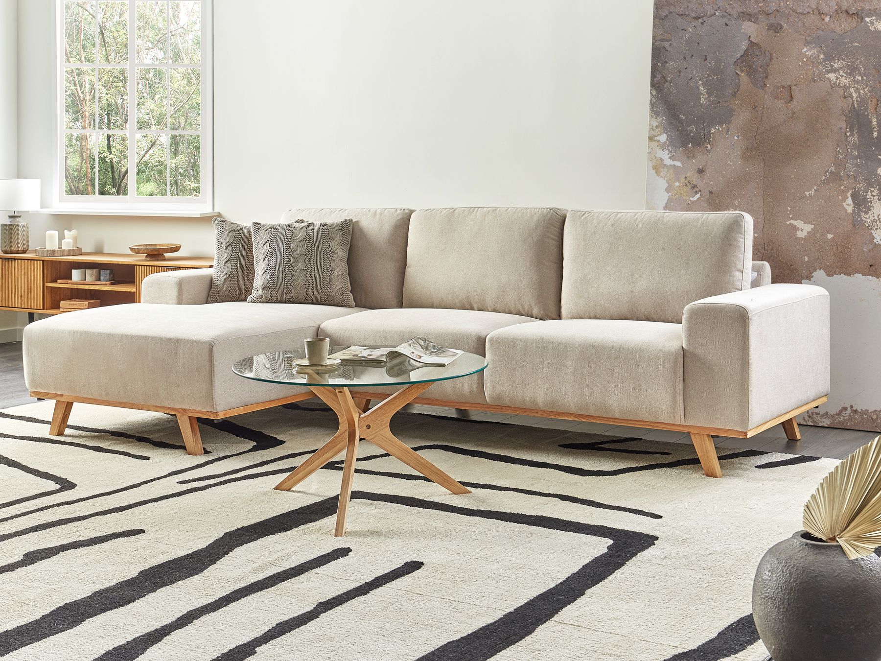 Corner Sofa NORA Fabric Beige 3 Seater Right Hand