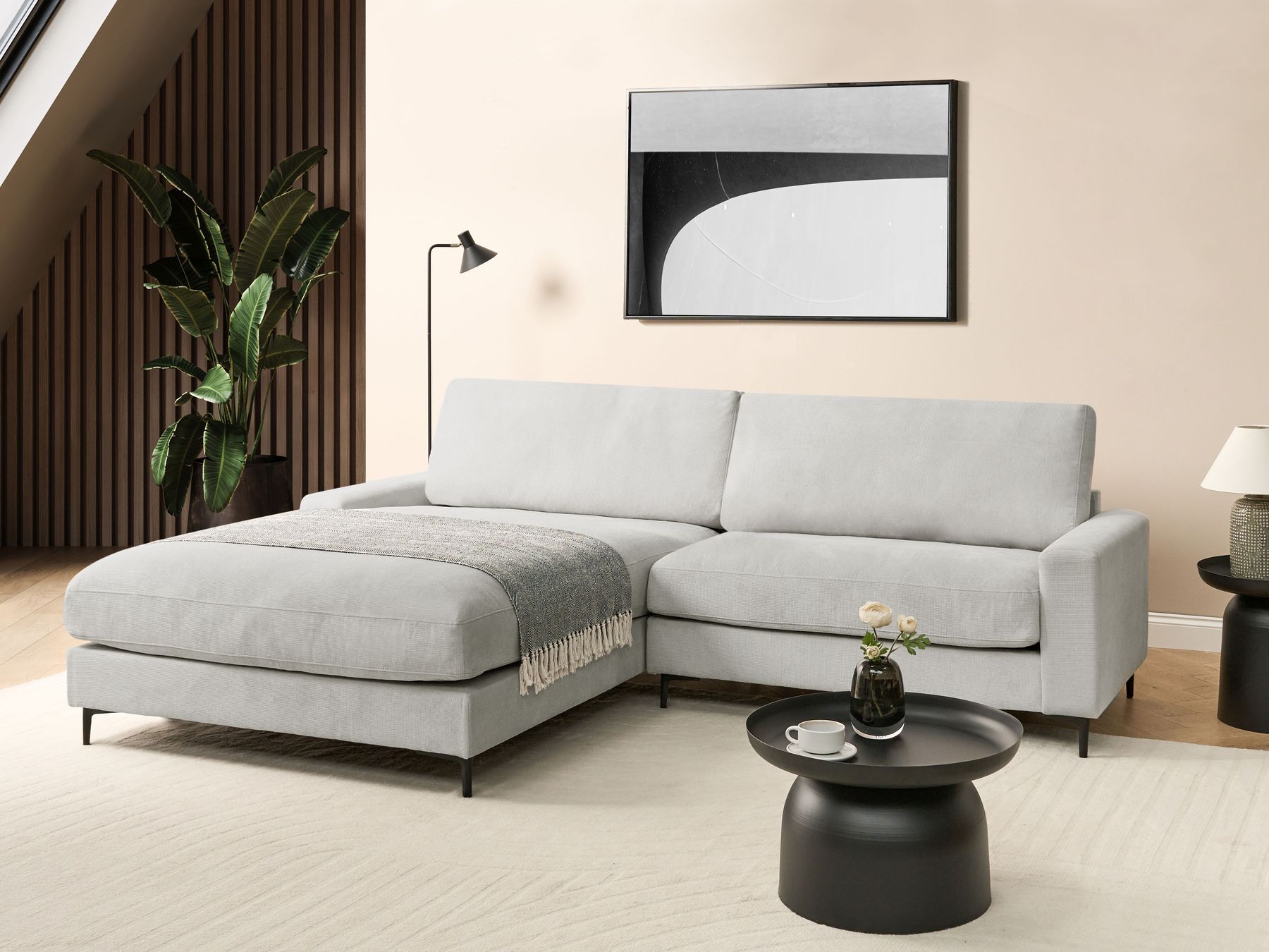 Corner Sofa MALOY Chenille Light Grey 3 Seater Right Hand
