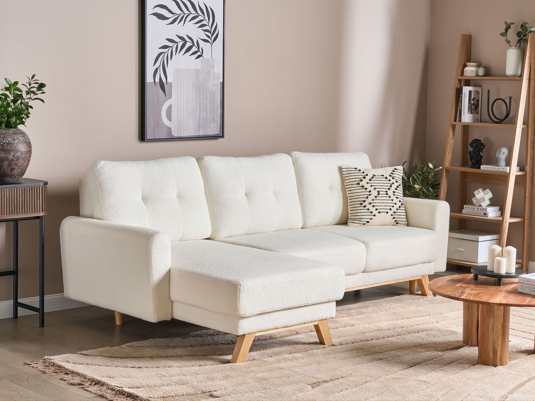 Corner Sofa Bed SIRO Boucle Off-White with Storage 3 Seater Right Hand