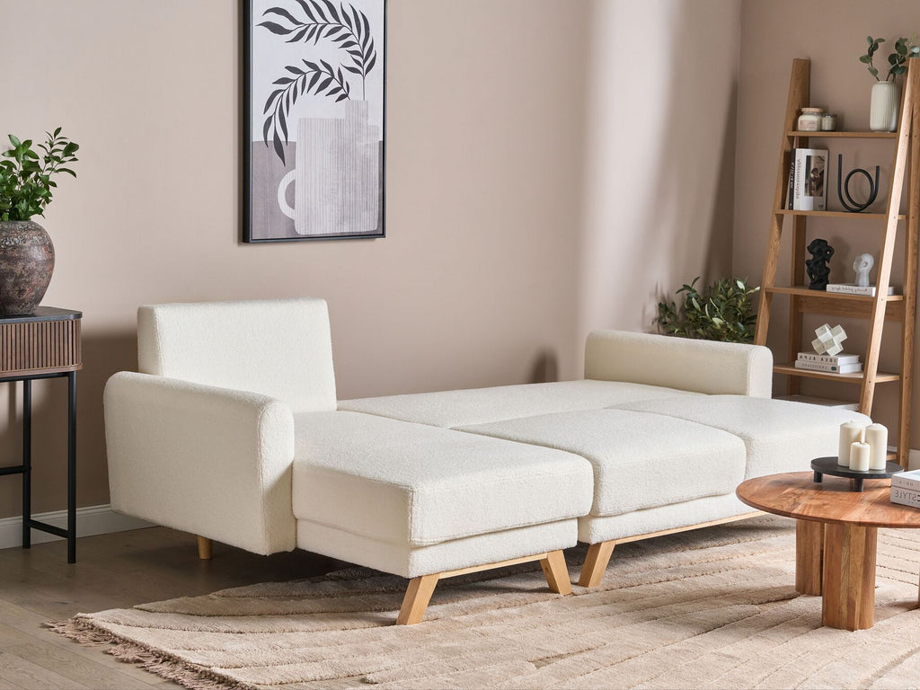 Corner Sofa Bed SIRO Boucle Off-White with Storage 3 Seater Right Hand