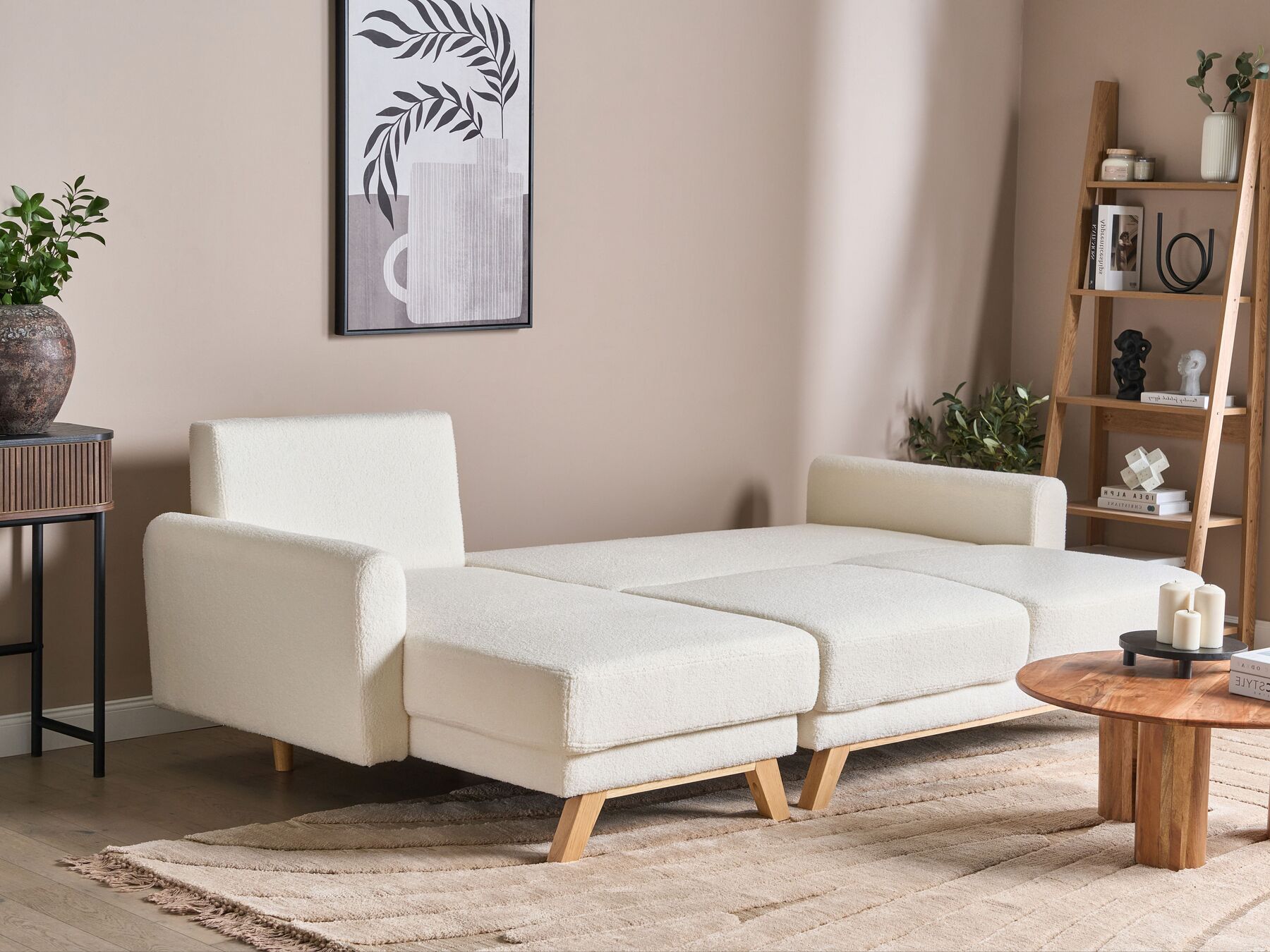 Corner Sofa Bed SIRO Boucle Off-White with Storage 3 Seater Right Hand