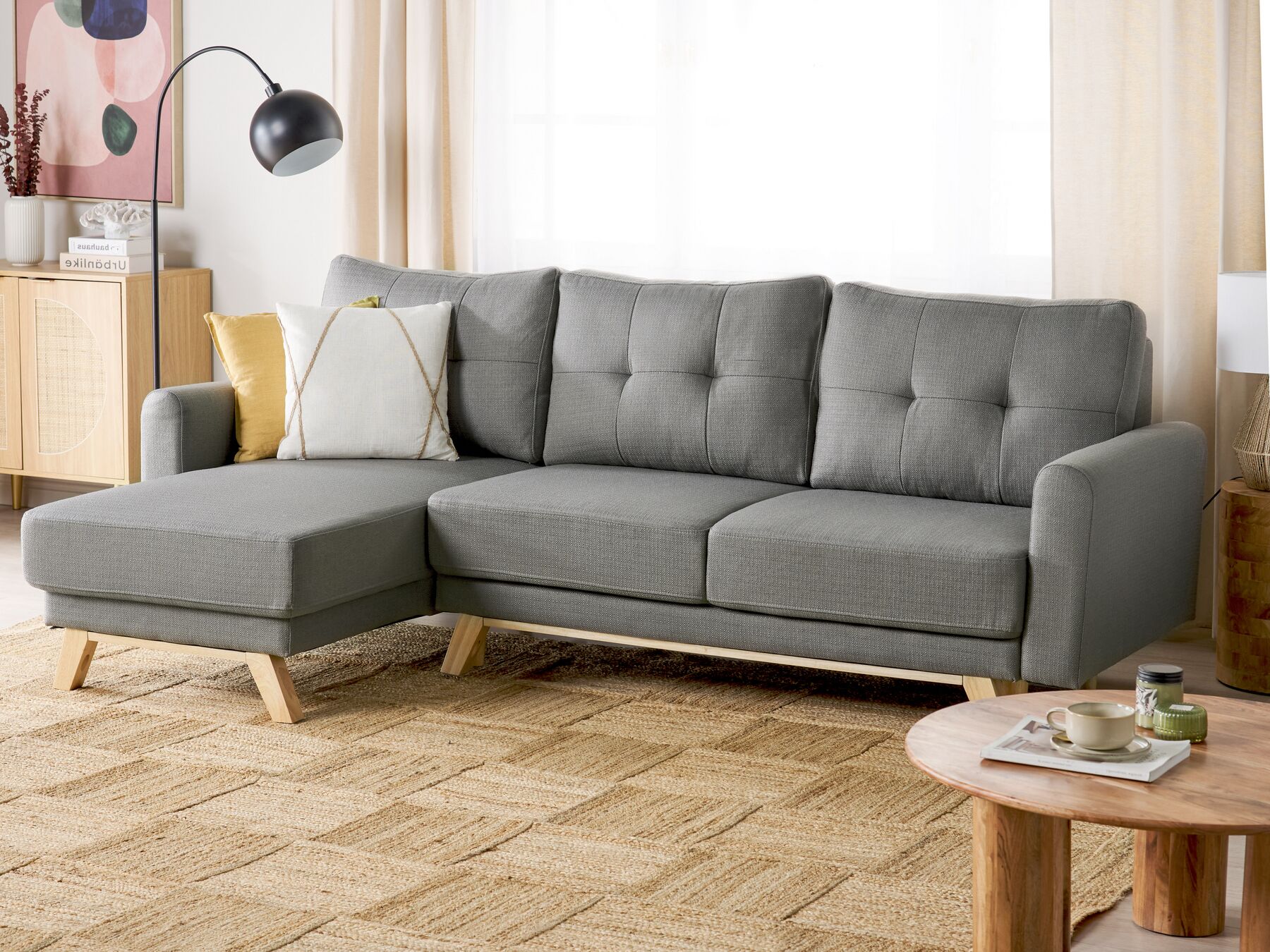 Corner Sofa Bed SIRO Fabric Grey with Storage 3 Seater Right Hand
