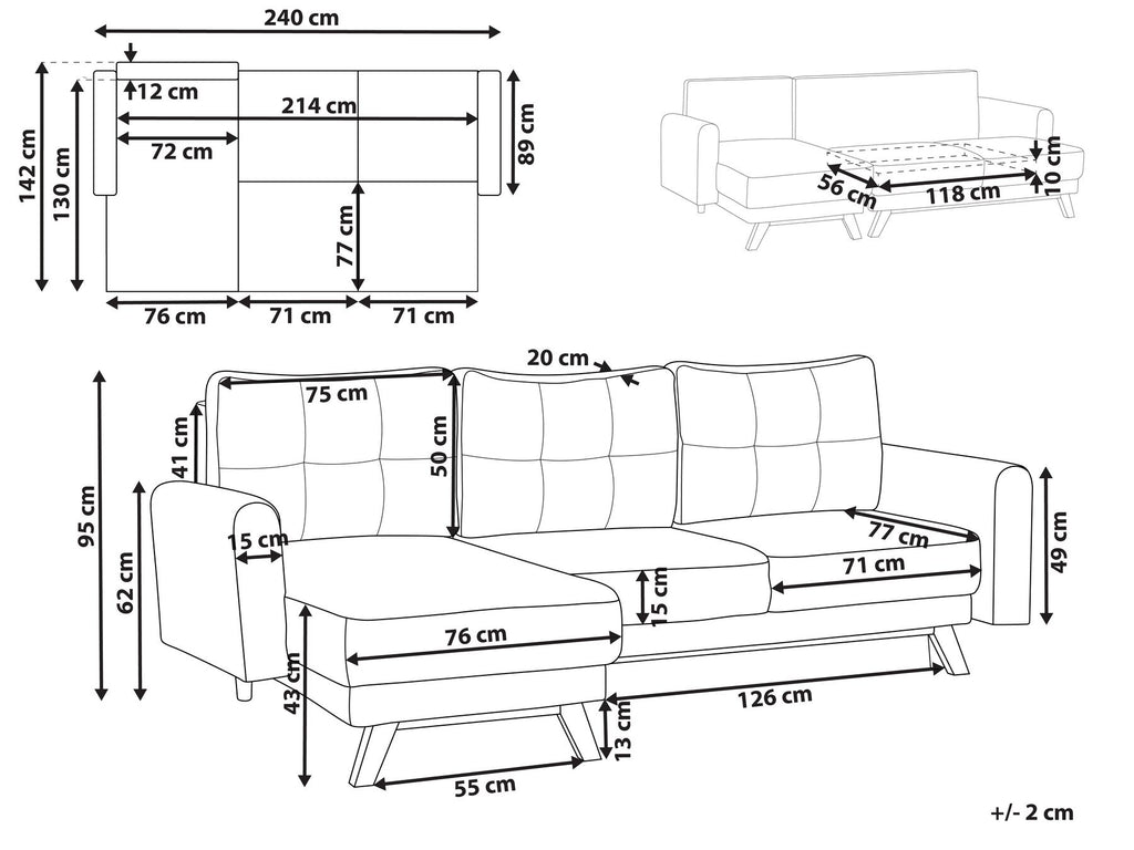 Corner Sofa Bed SIRO Fabric Grey with Storage 3 Seater Right Hand