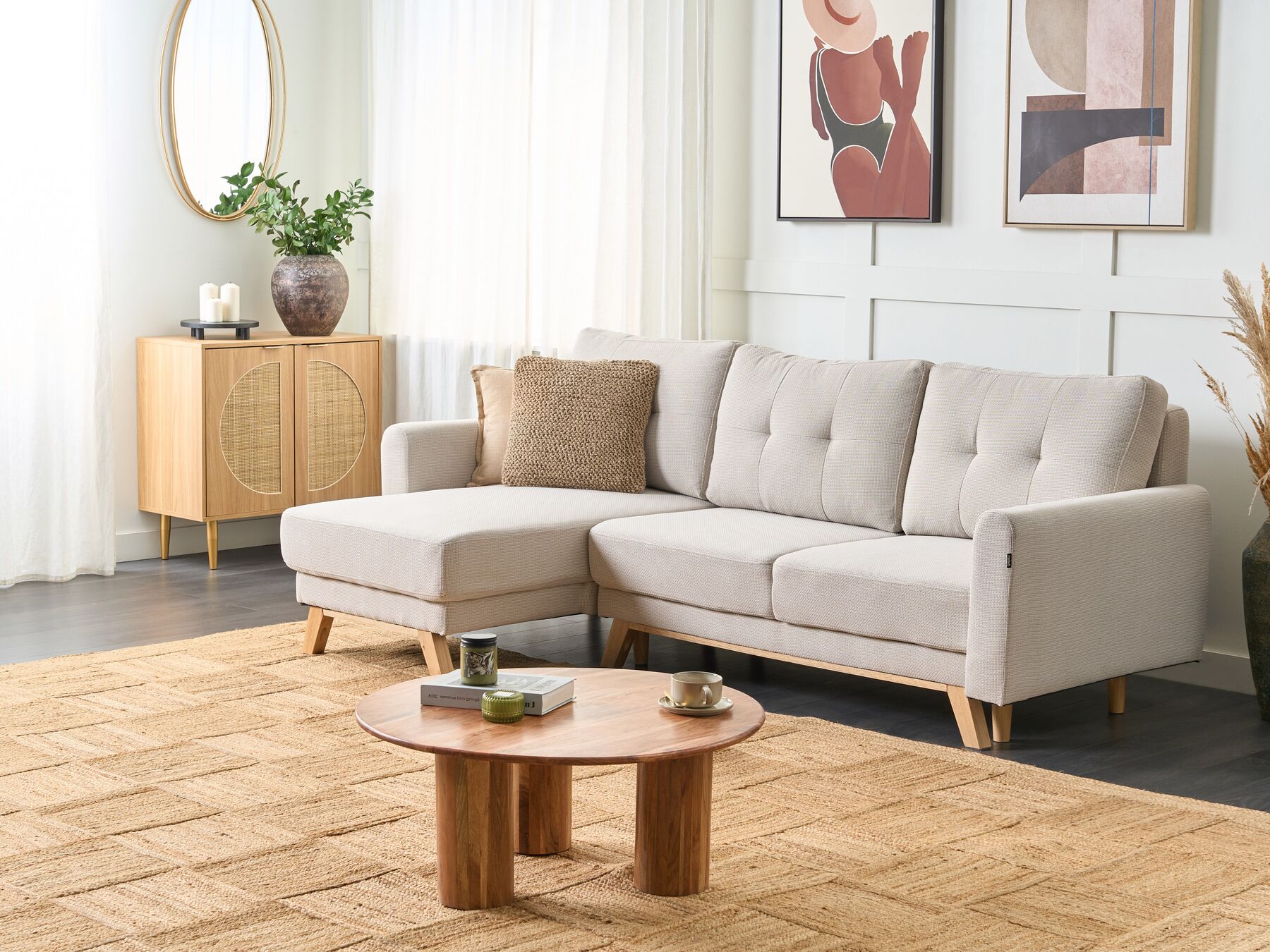Corner Sofa Bed SIRO Fabric Light Beige with Storage 3 Seater Right Hand