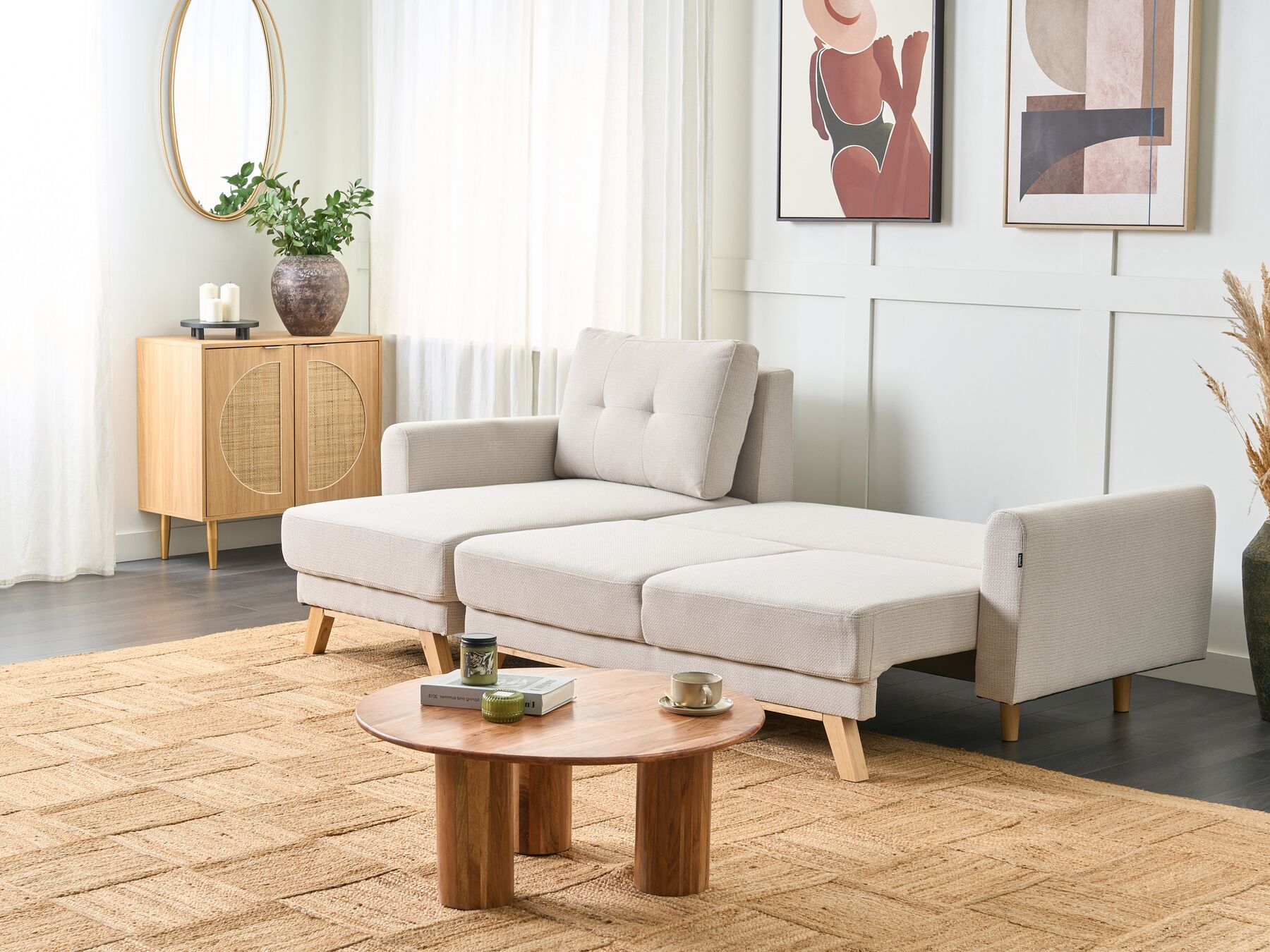 Corner Sofa Bed SIRO Fabric Light Beige with Storage 3 Seater Right Hand