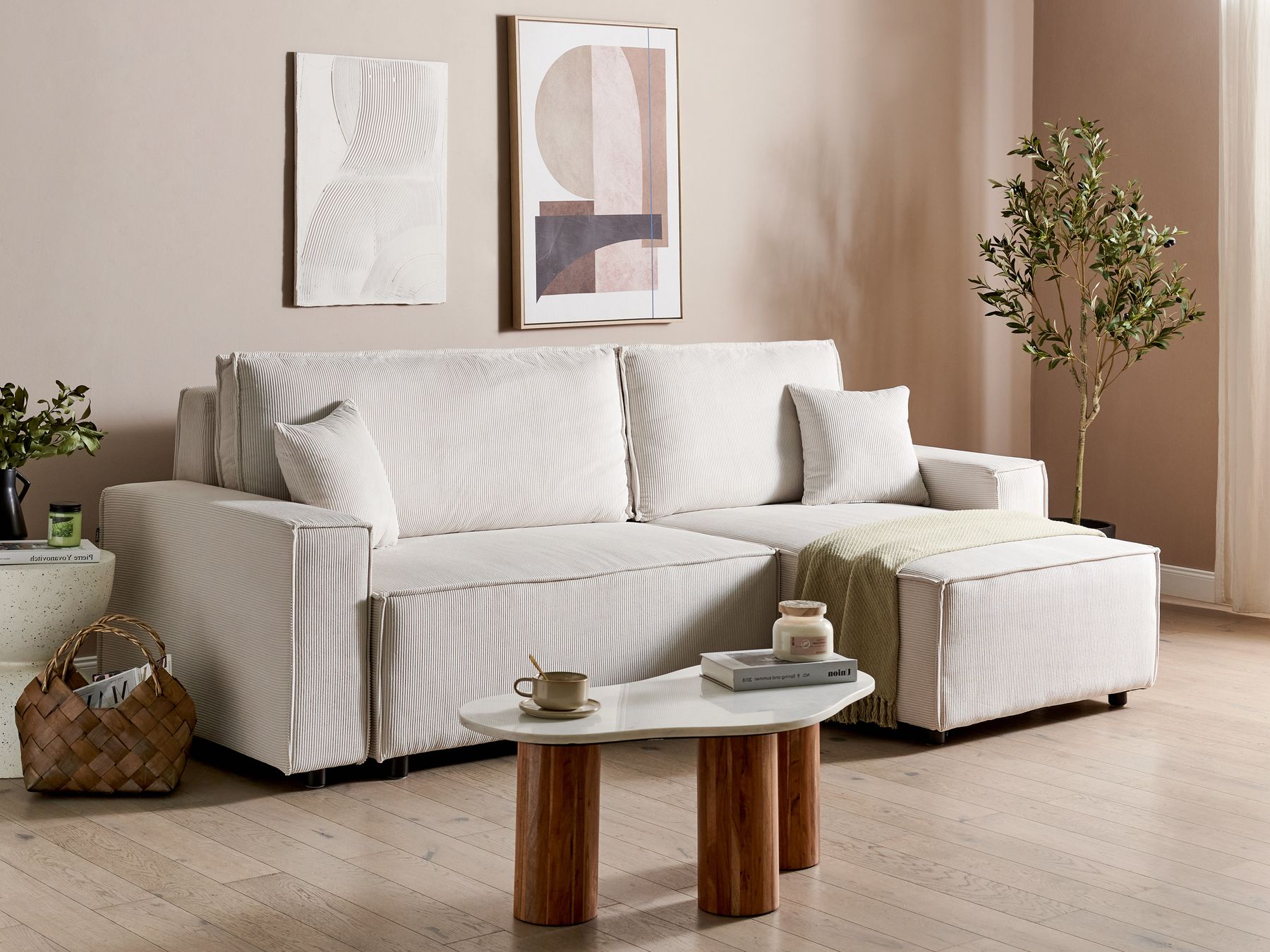 Corner Sofa Bed ABACKA Corduroy Off-White 3 Seater Left Hand