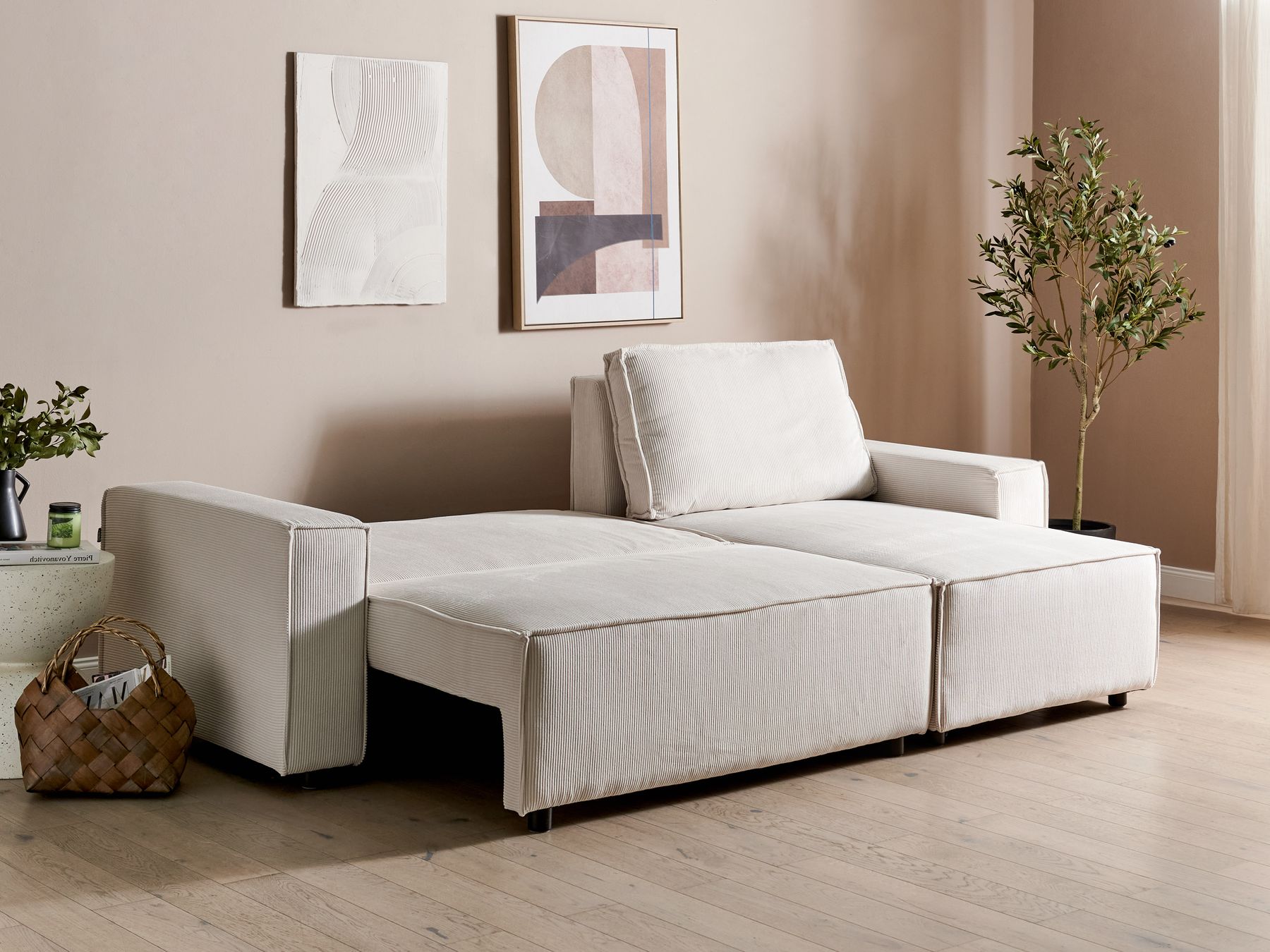 Corner Sofa Bed ABACKA Corduroy Off-White 3 Seater Left Hand