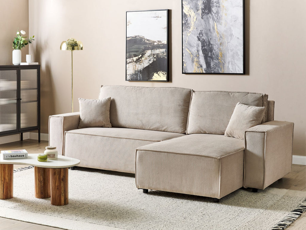 Corner Sofa Bed ABACKA Corduroy Beige 3 Seater Left Hand