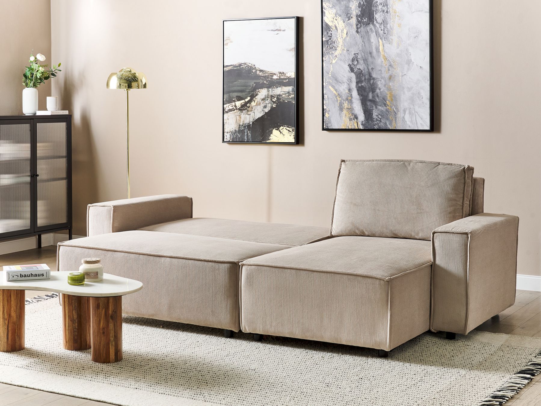 Corner Sofa Bed ABACKA Corduroy Beige 3 Seater Left Hand