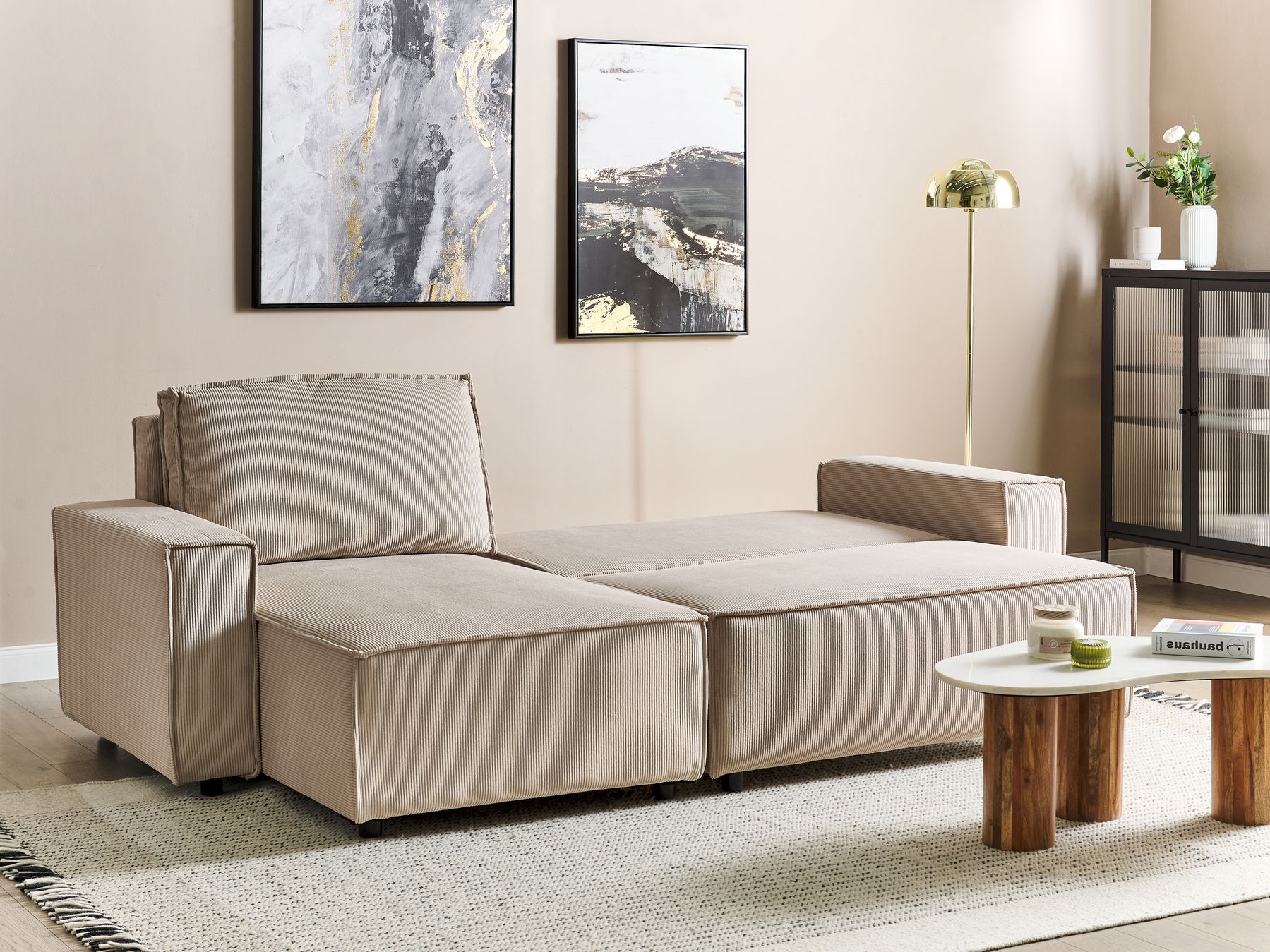Corner Sofa Bed ABACKA Corduroy Beige 3 Seater Right Hand