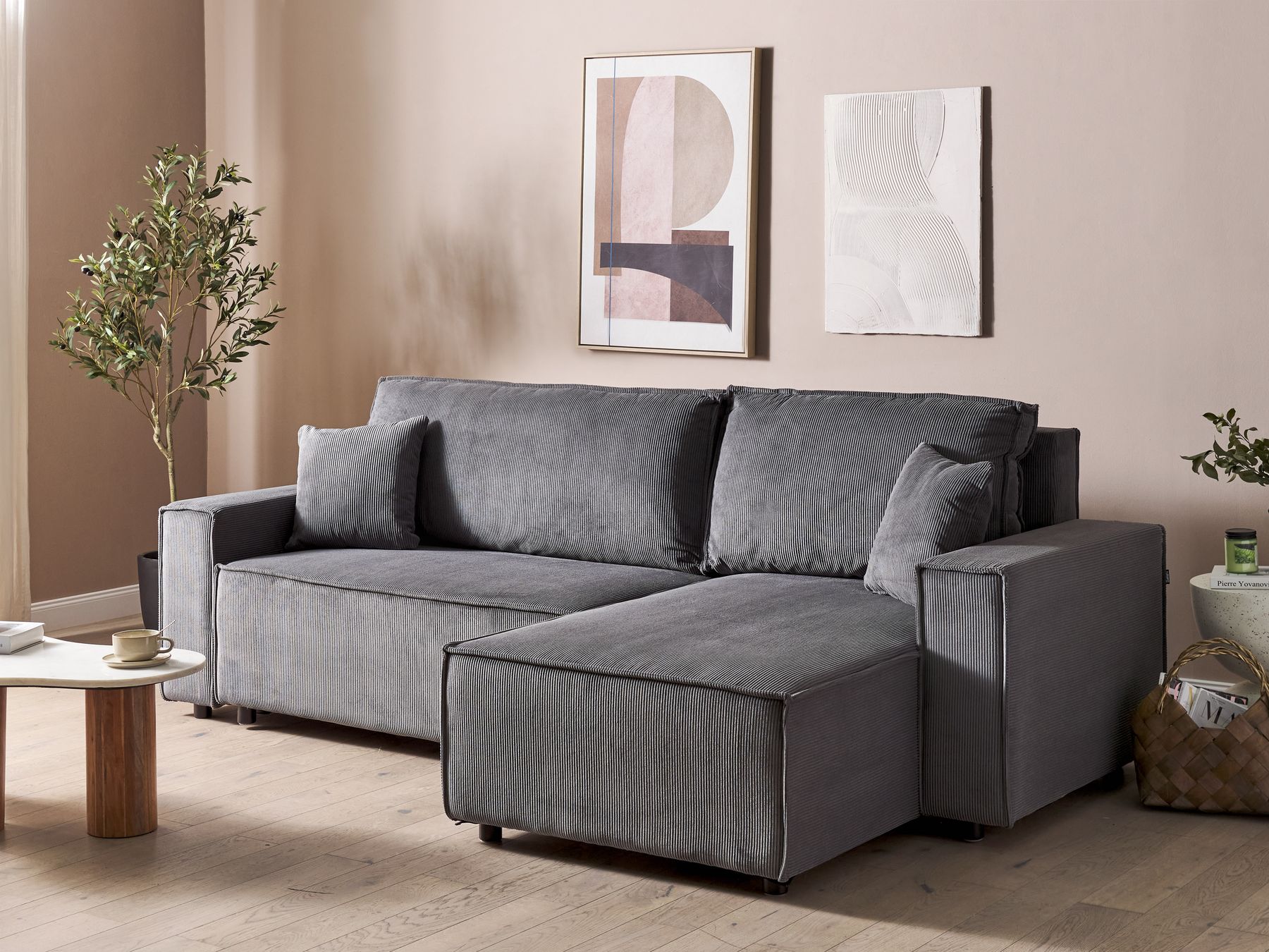 Corner Sofa Bed ABACKA Corduroy Graphite Grey 3 Seater Left Hand
