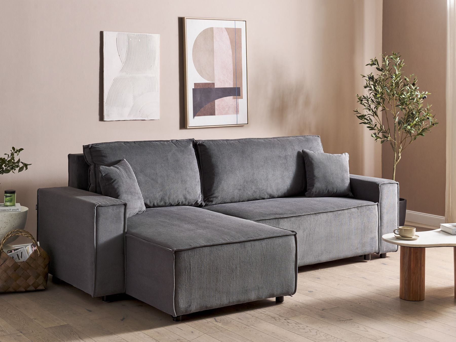 Corner Sofa Bed ABACKA Corduroy Graphite Grey 3 Seater Right Hand
