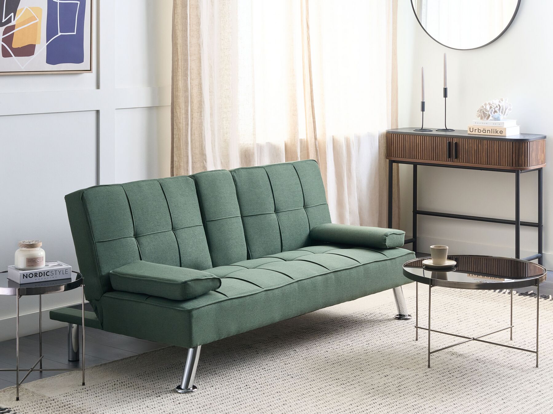 Sofa Bed ROXEN Fabric Dark Green 3 Seater