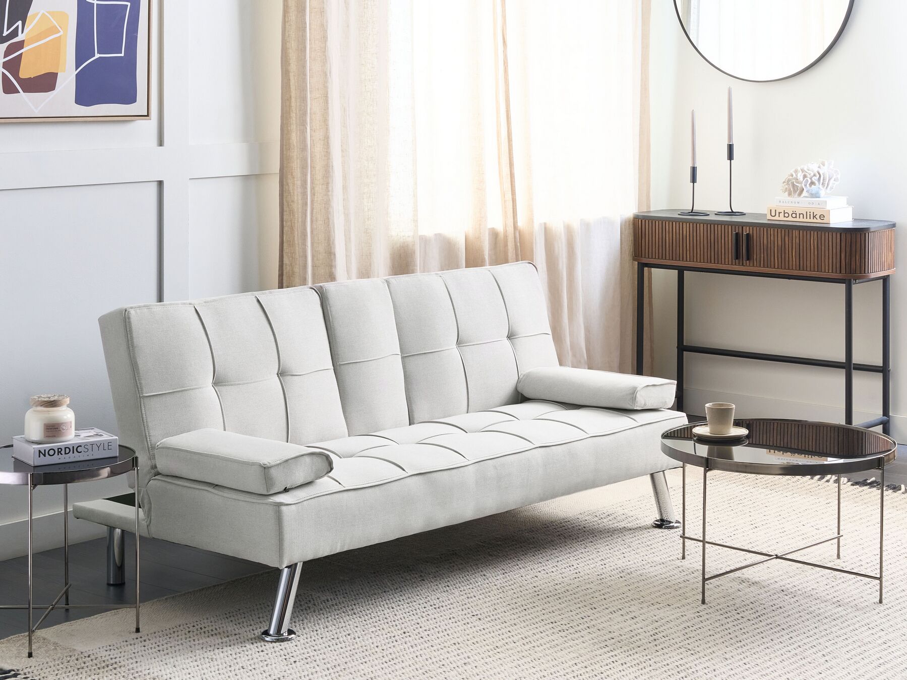 Sofa Bed ROXEN Fabric Light Beige 3 Seater