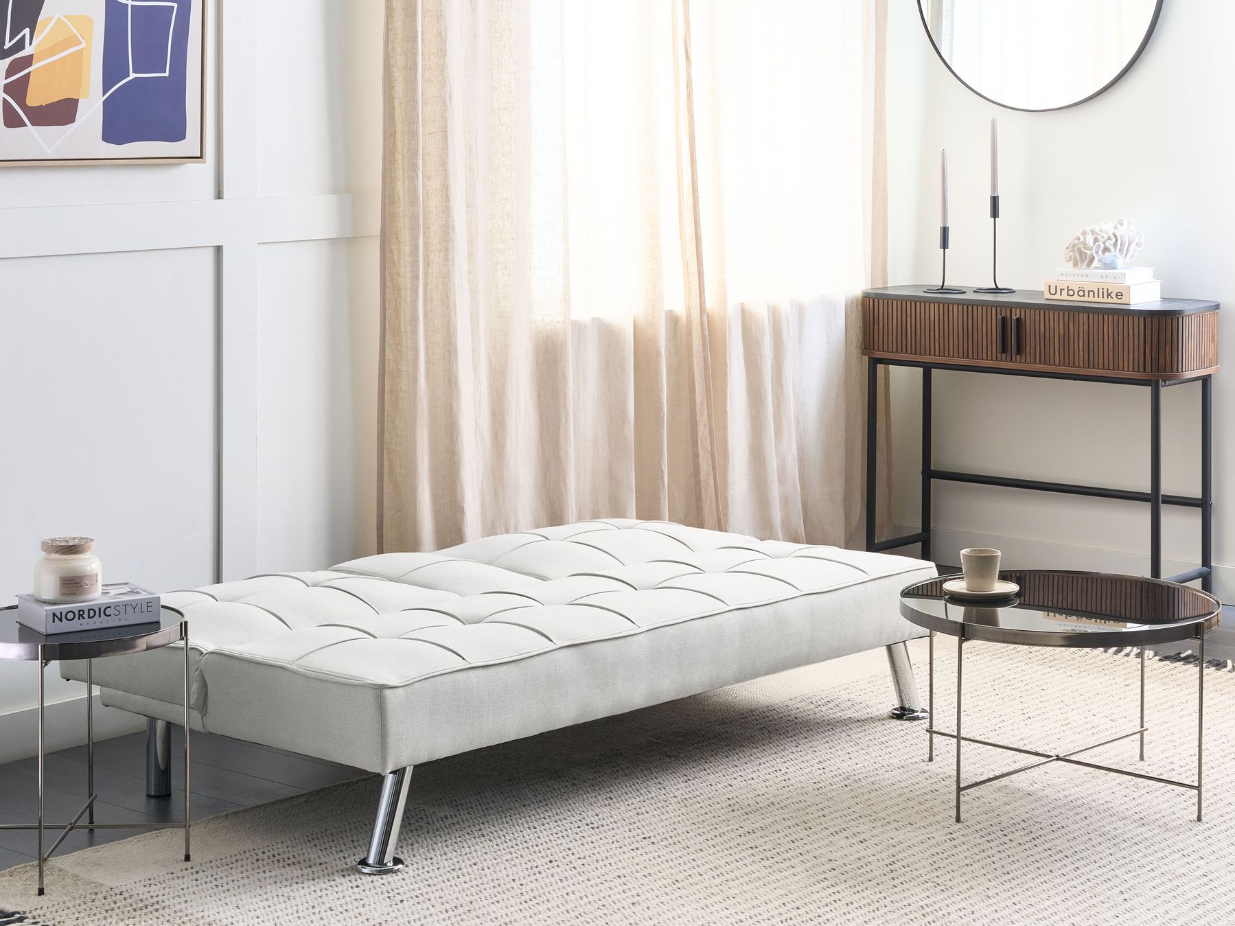 Sofa Bed ROXEN Fabric Light Beige 3 Seater