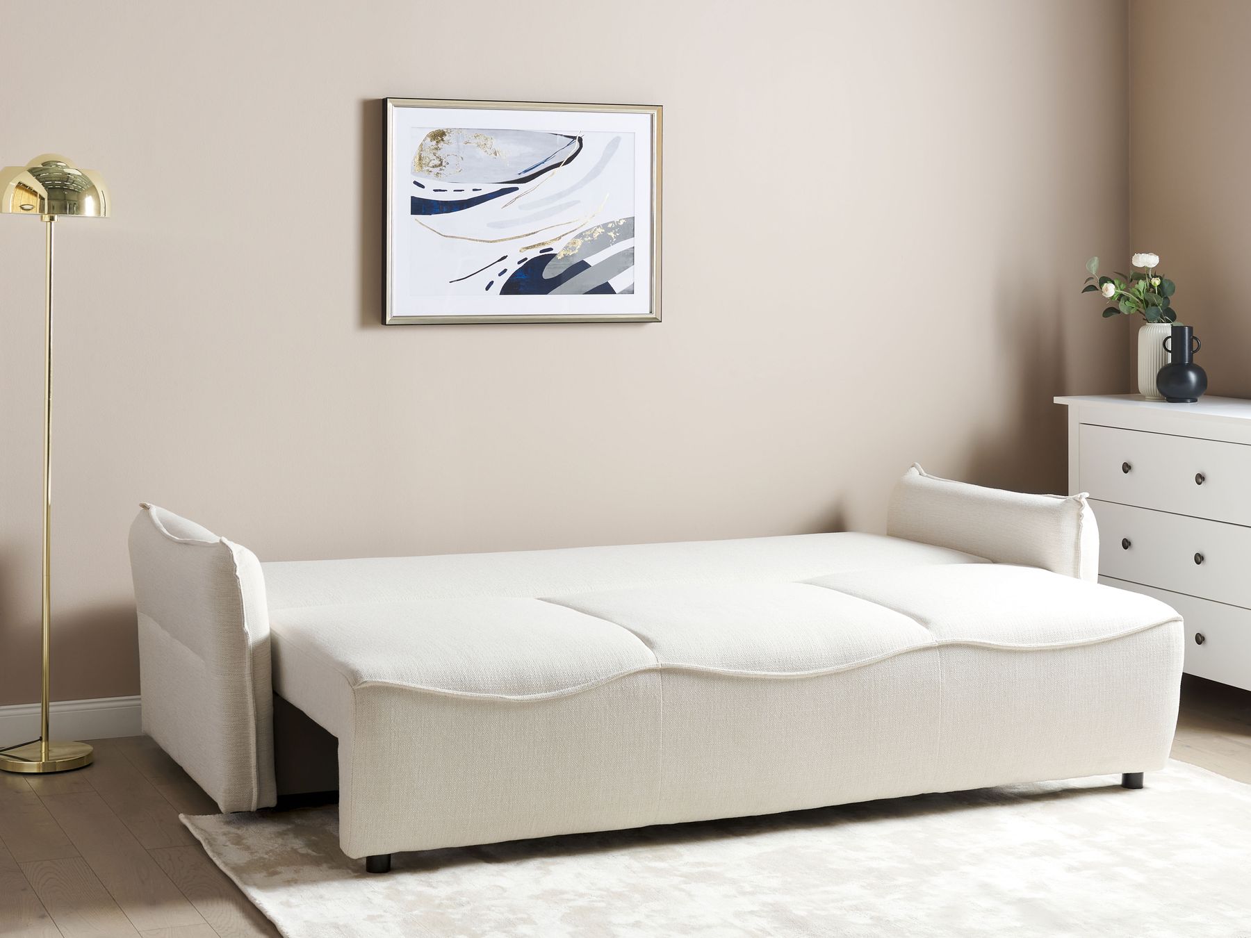 Sofa Bed KRAMA Fabric Off-White with Storage 3 Seater