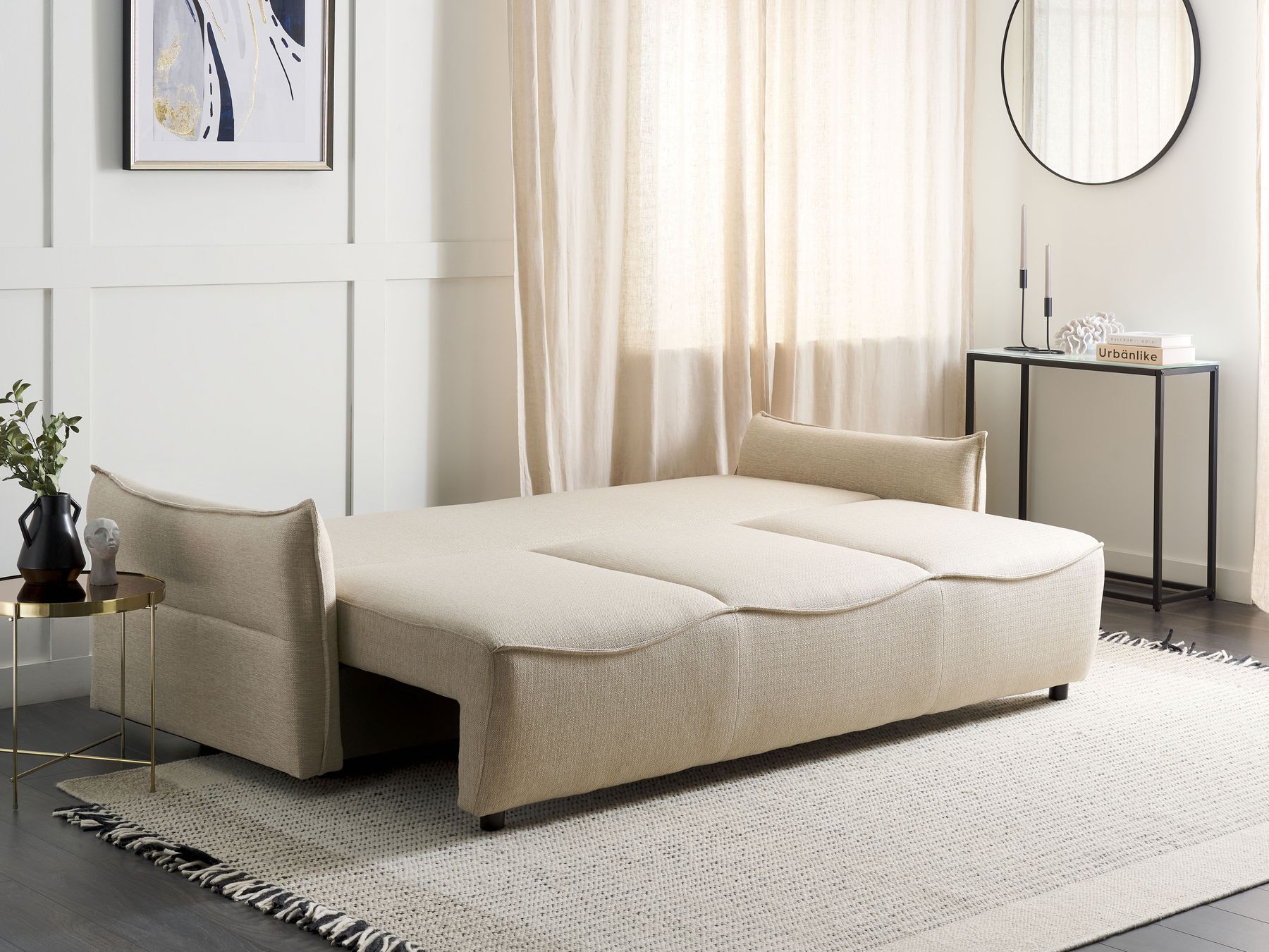 Sofa Bed KRAMA Fabric Beige with Storage 3 Seater