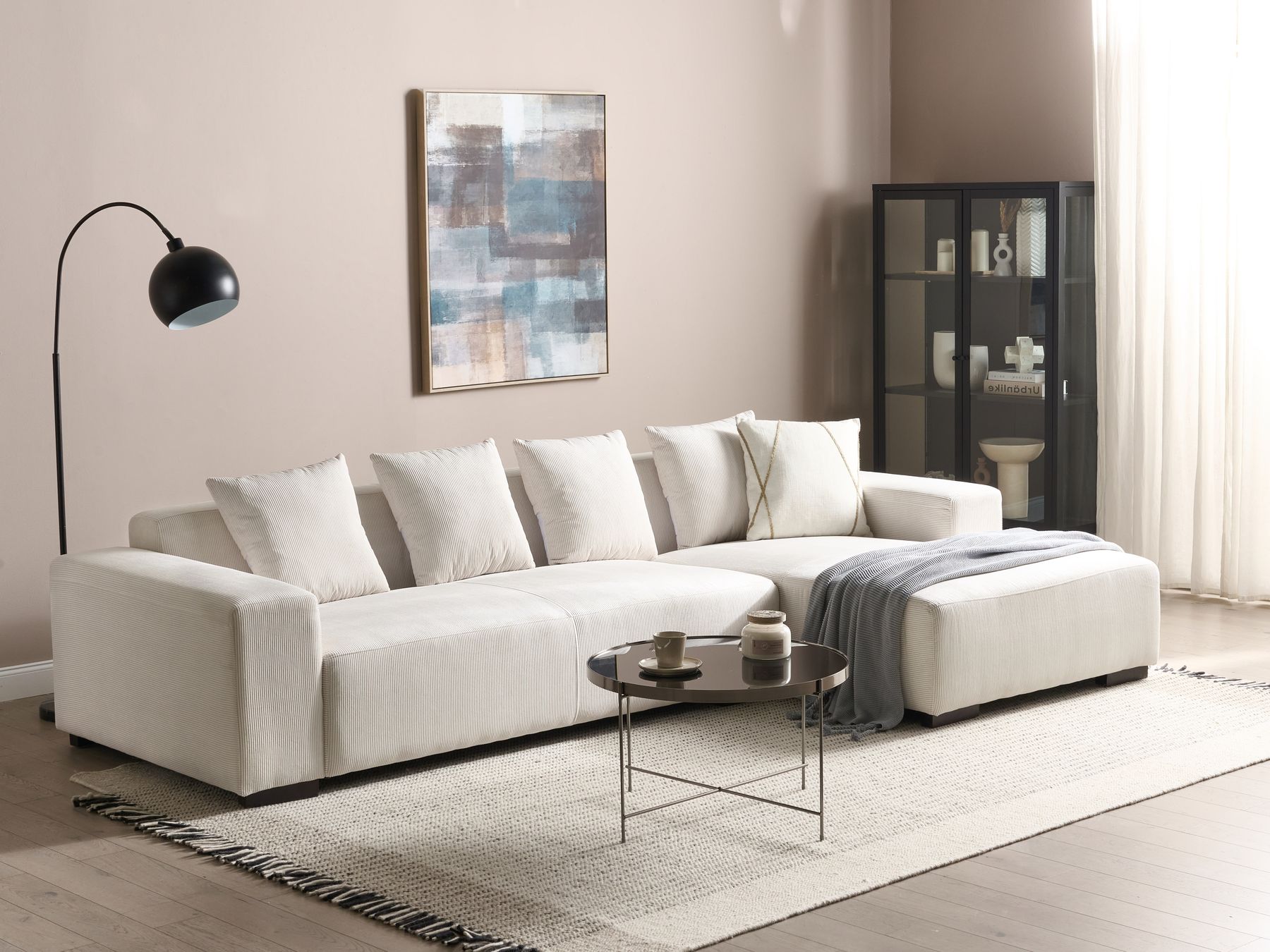 Corner Sofa LUNGO Corduroy Off-White 4 Seater Left Hand