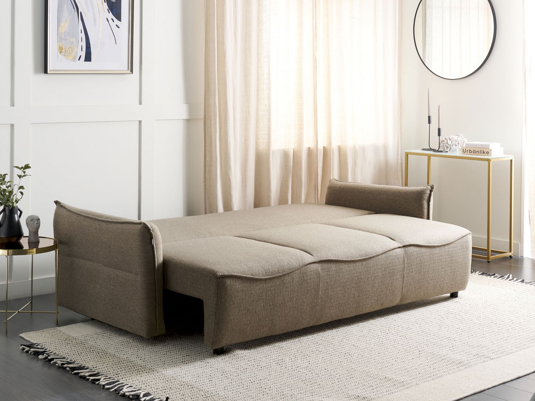 Sofa Bed KRAMA Fabric Brown with Storage 3 Seater
