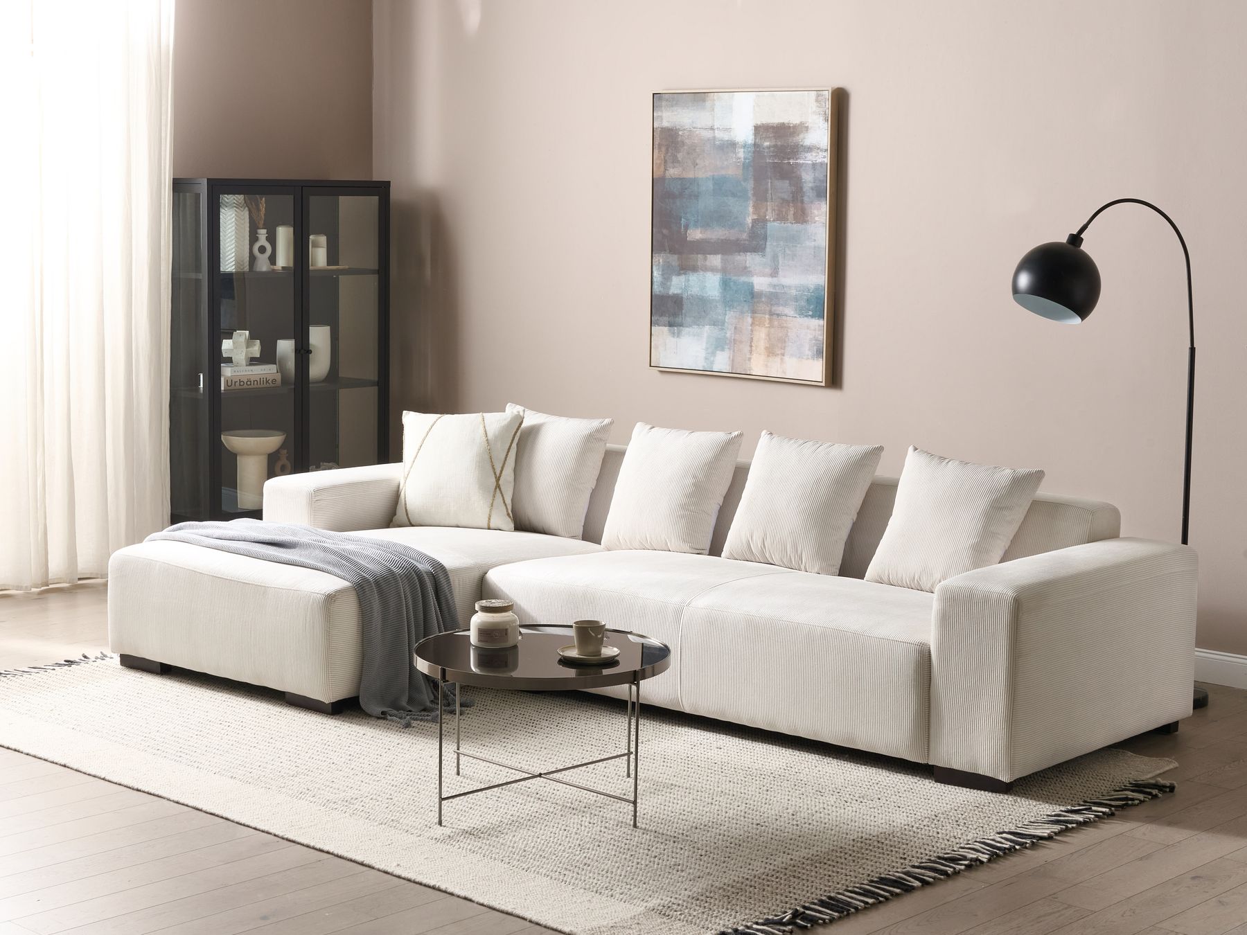 Corner Sofa LUNGO Corduroy Off-White 4 Seater Right Hand
