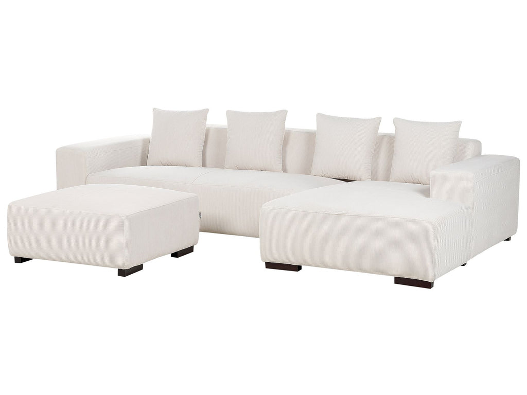 Corner Sofa LUNGO Corduroy Off-White with Ottoman 4 Seater Left Hand