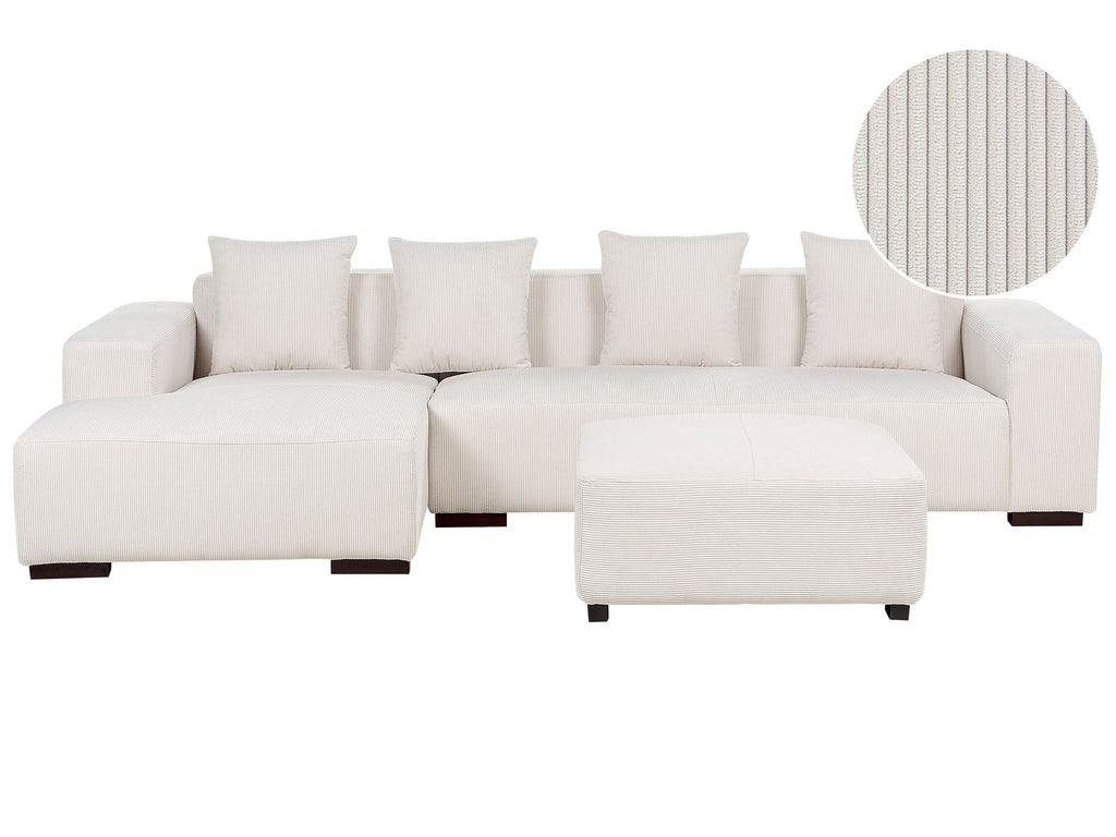 Corner Sofa LUNGO Corduroy Off-White with Ottoman 4 Seater Right Hand