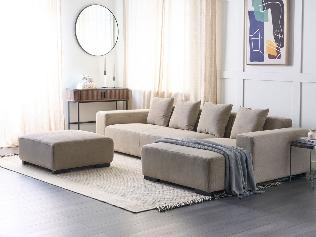 Corner Sofa LUNGO Corduroy Beige with Ottoman 4 Seater Left Hand