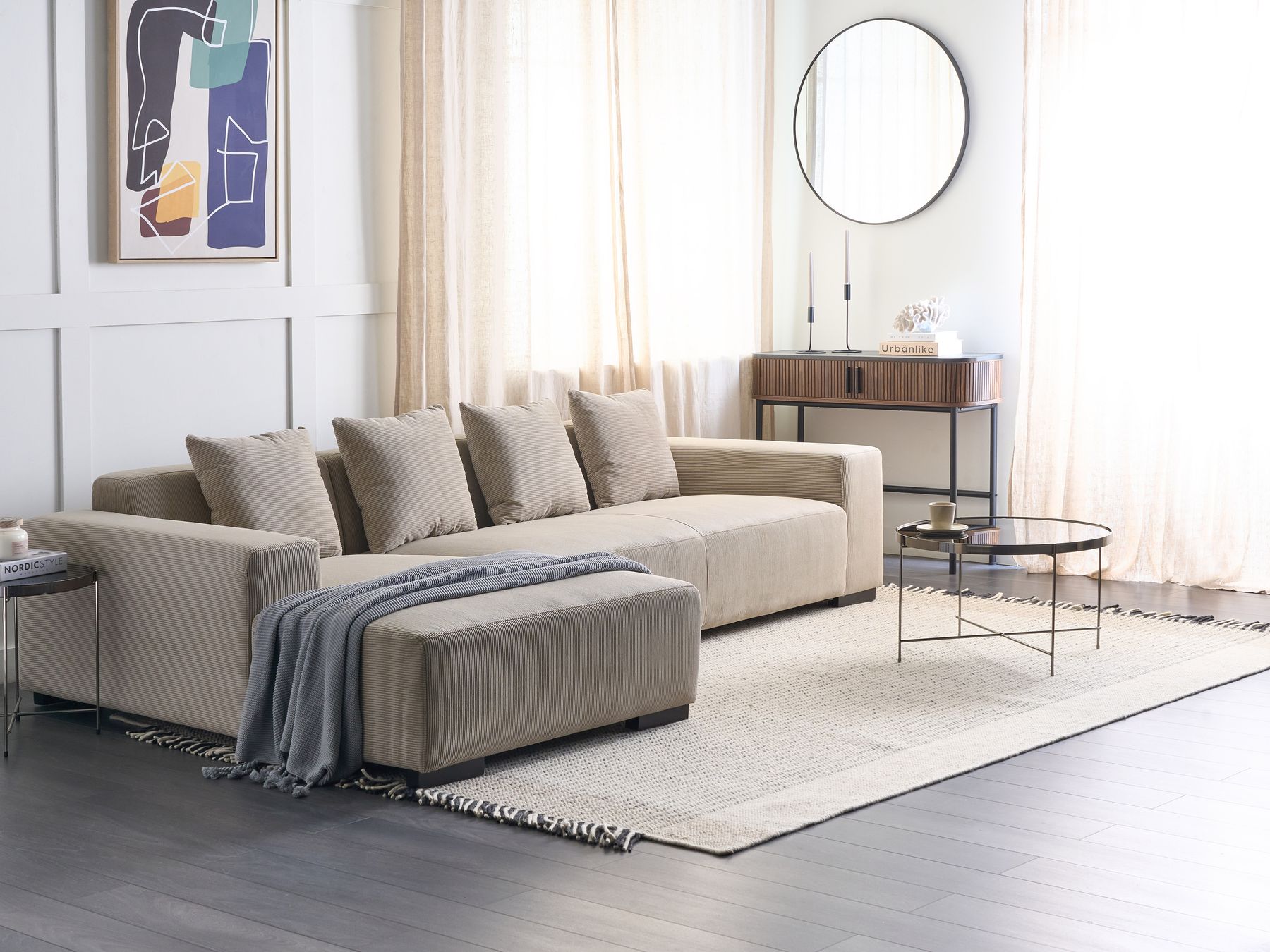 Corner Sofa LUNGO Corduroy Beige 4 Seater Right Hand