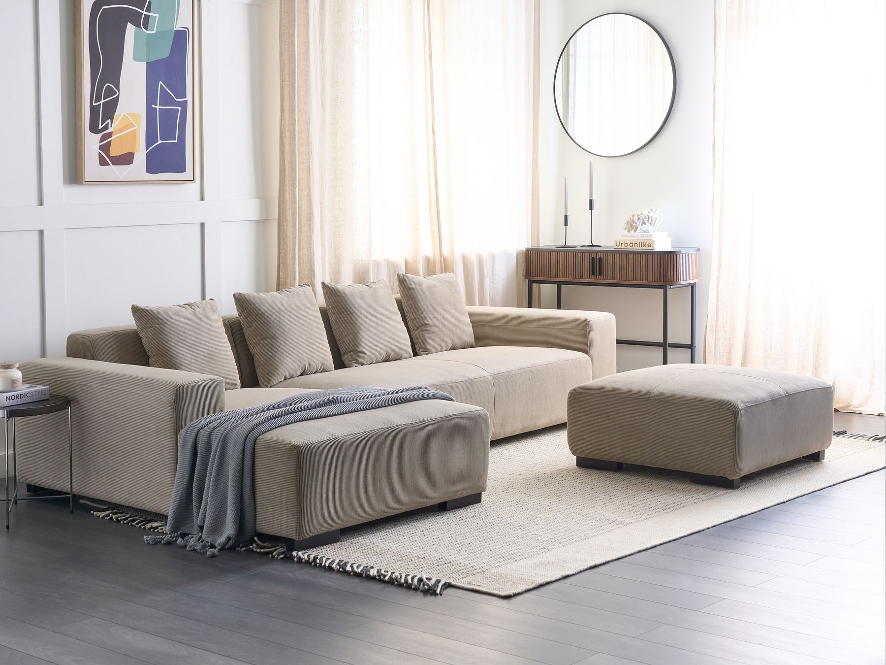 Corner Sofa LUNGO Corduroy Beige with Ottoman 4 Seater Right Hand