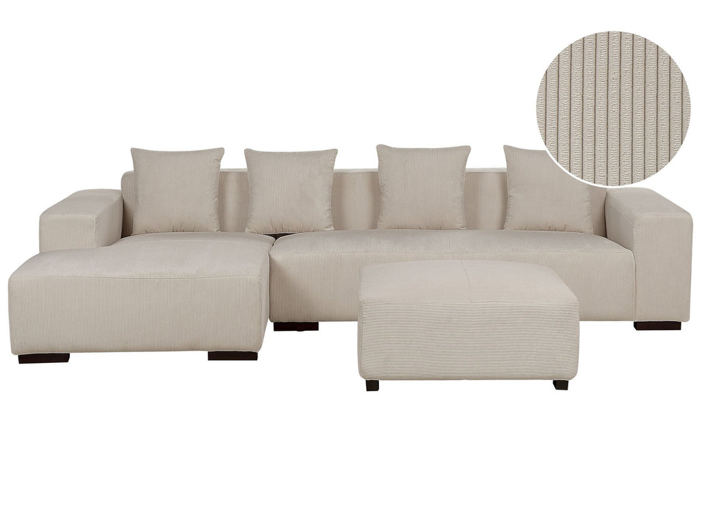 Corner Sofa LUNGO Corduroy Beige with Ottoman 4 Seater Right Hand