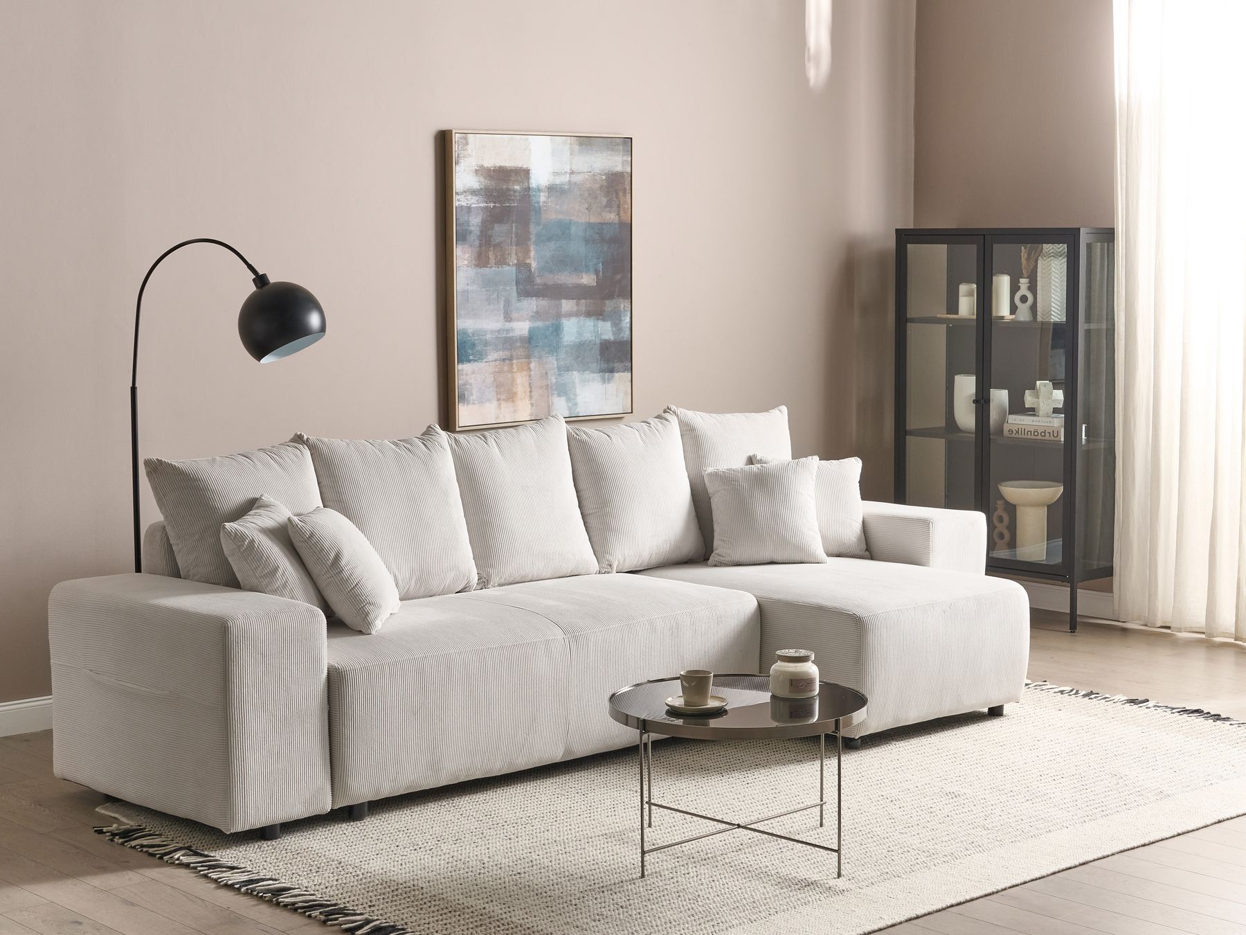 Corner Sofa Bed LUSPA Corduroy Light Beige with Storage 3 Seater Left Hand
