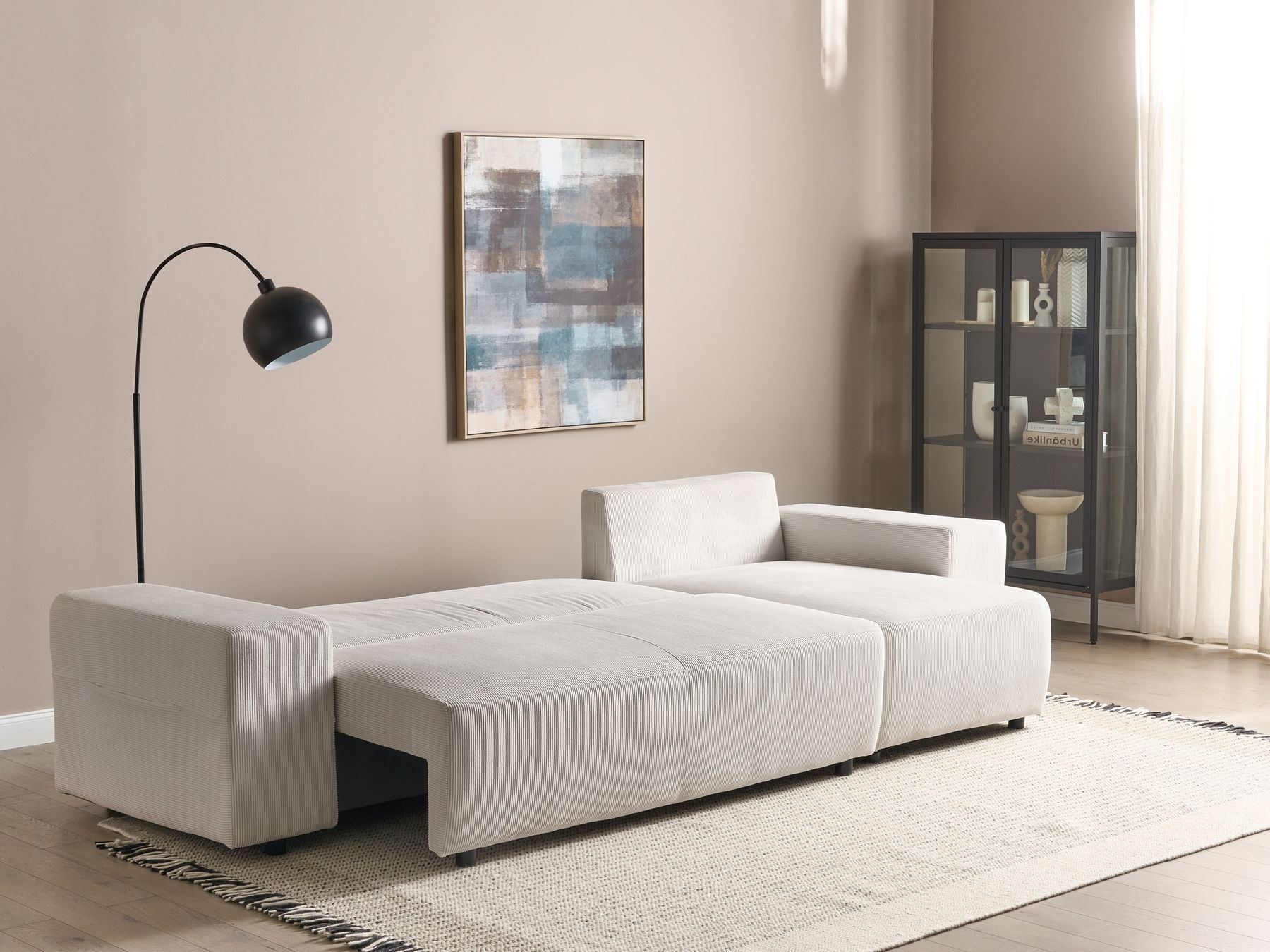 Corner Sofa Bed LUSPA Corduroy Light Beige with Storage 3 Seater Left Hand