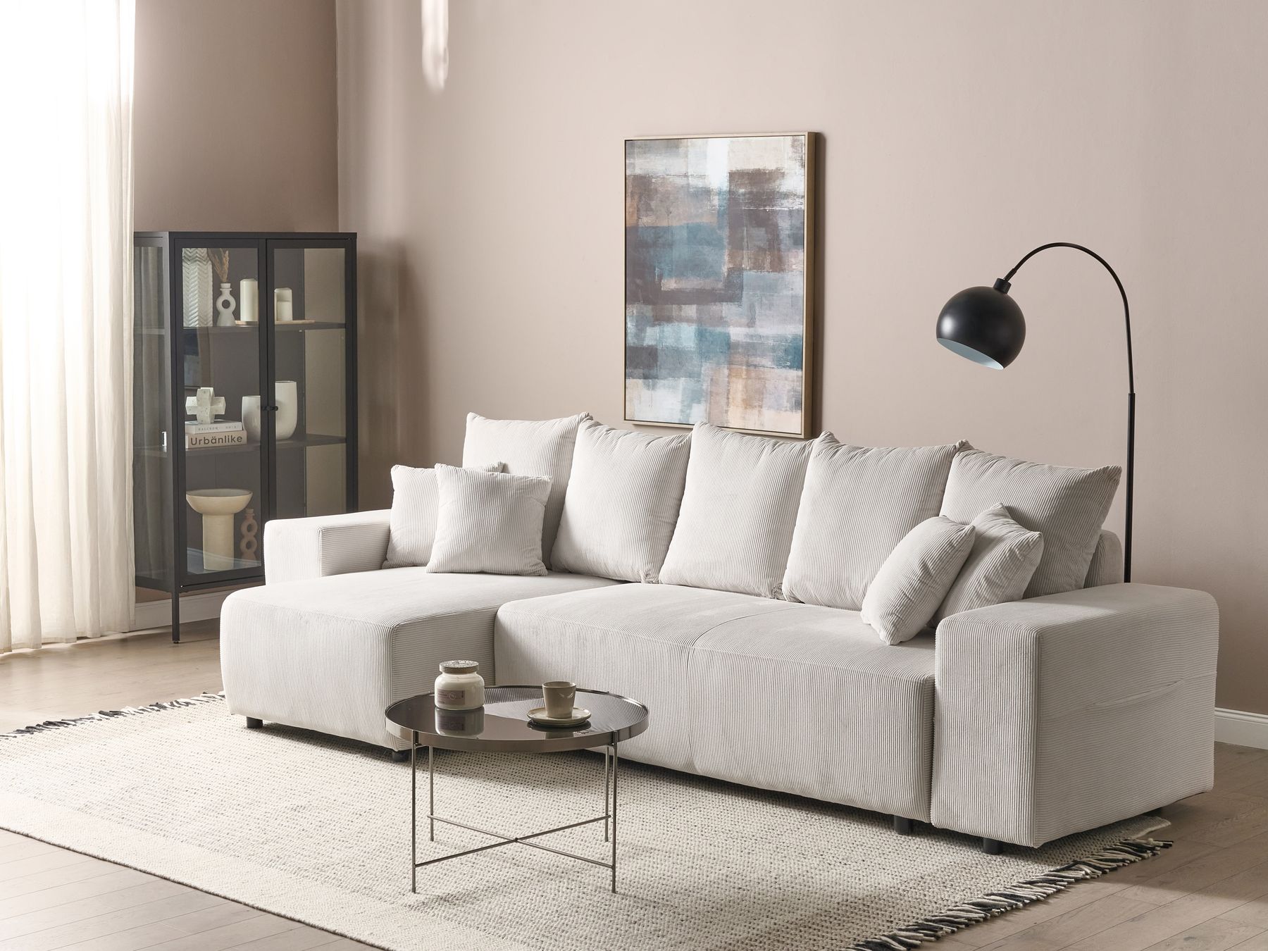 Corner Sofa Bed LUSPA Corduroy Light Beige with Storage 3 Seater Right Hand