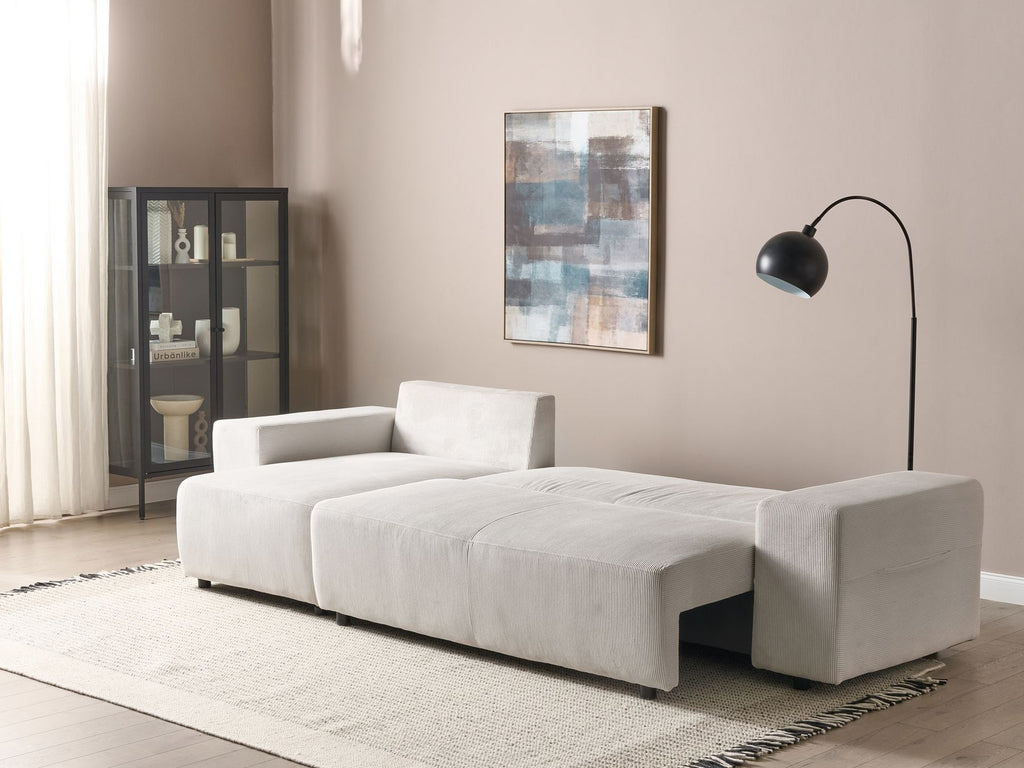 Corner Sofa Bed LUSPA Corduroy Light Beige with Storage 3 Seater Right Hand