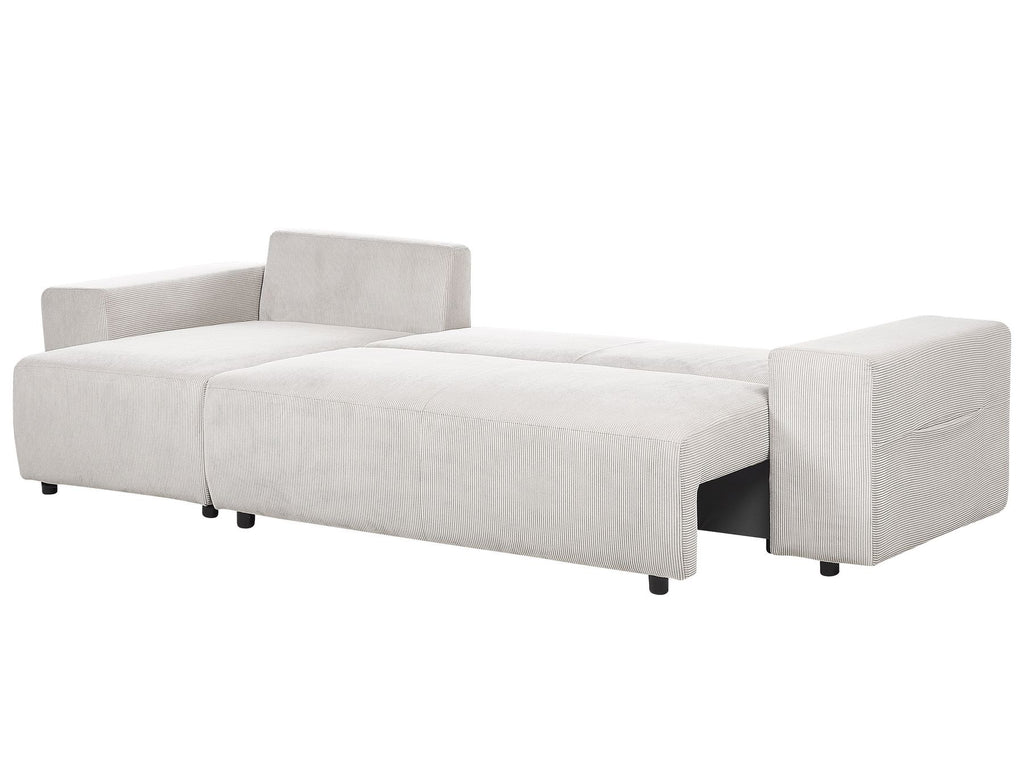 Corner Sofa Bed LUSPA Corduroy Light Beige with Storage 3 Seater Right Hand