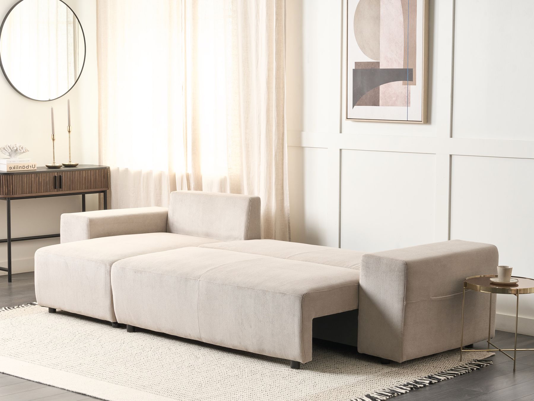 Corner Sofa Bed LUSPA Corduroy Taupe with Storage 3 Seater Right Hand