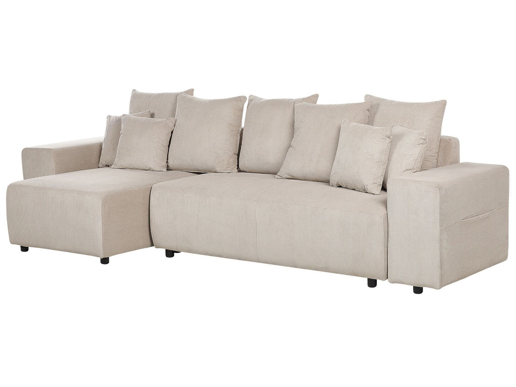 Corner Sofa Bed LUSPA Corduroy Taupe with Storage 3 Seater Right Hand