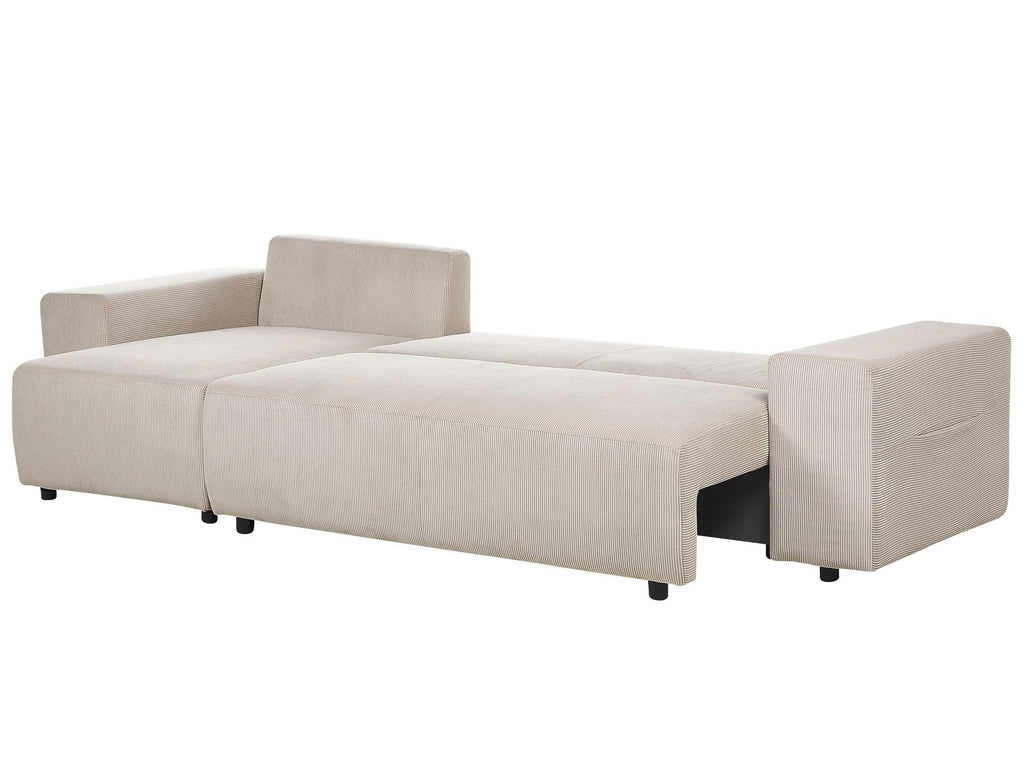 Corner Sofa Bed LUSPA Corduroy Taupe with Storage 3 Seater Right Hand