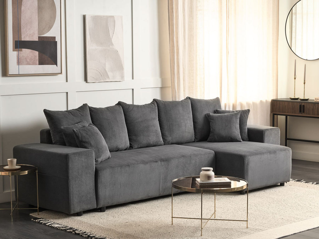 Corner Sofa Bed LUSPA Corduroy Dark Grey with Storage 3 Seater Left Hand