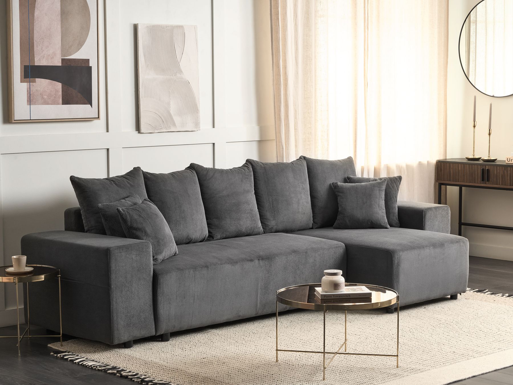 Corner Sofa Bed LUSPA Corduroy Dark Grey with Storage 3 Seater Left Hand