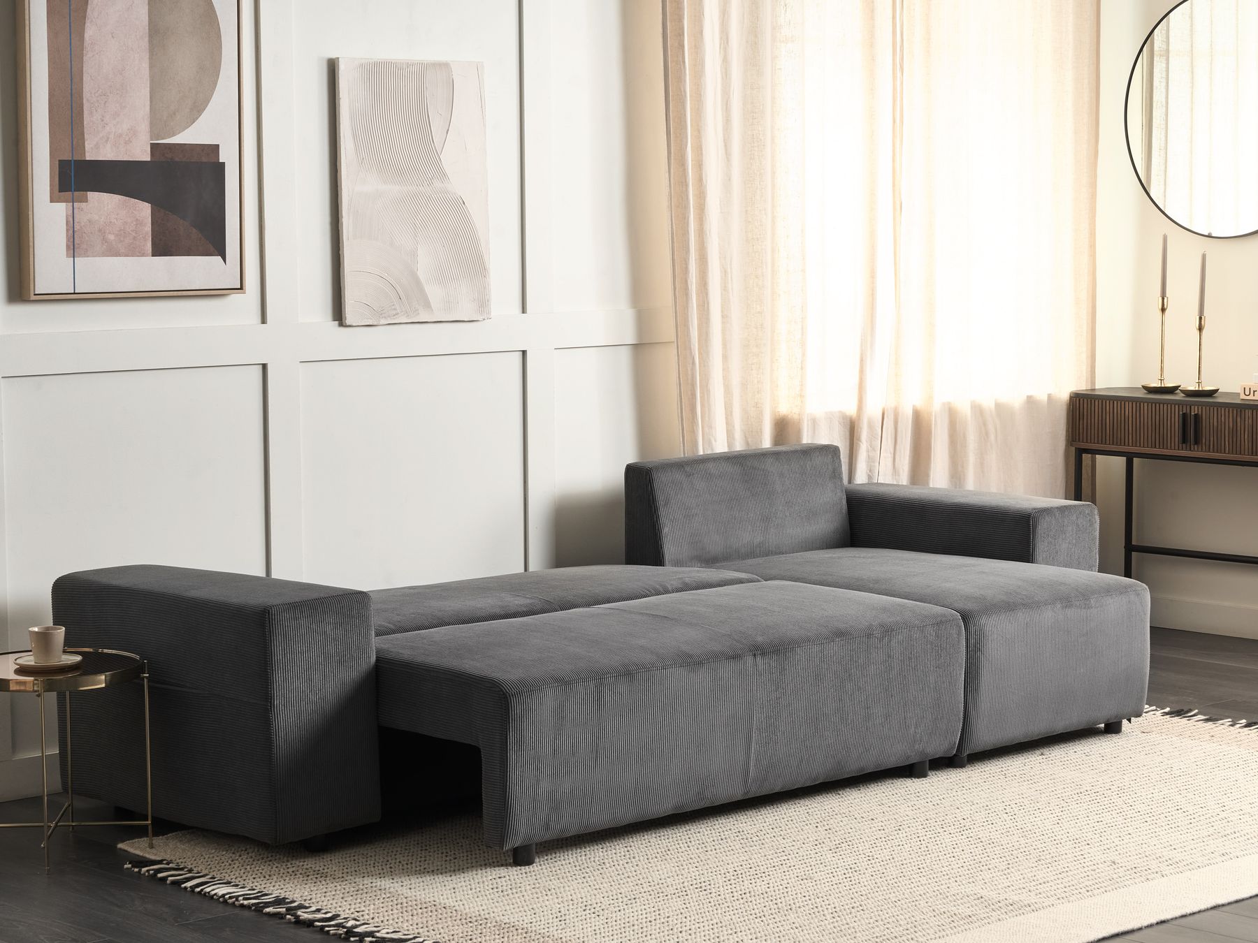 Corner Sofa Bed LUSPA Corduroy Dark Grey with Storage 3 Seater Left Hand