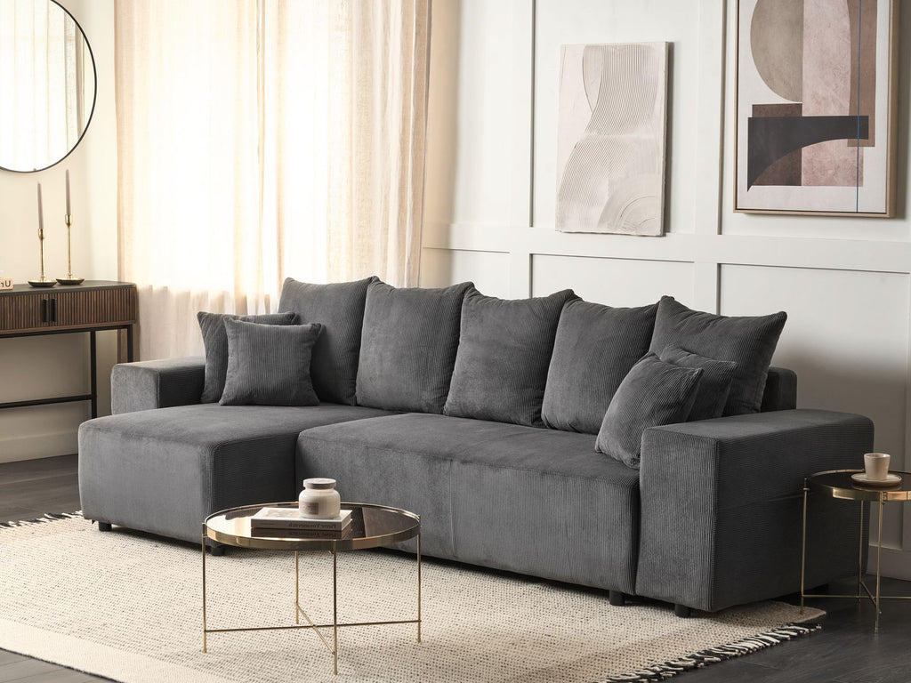 Corner Sofa Bed LUSPA Corduroy Dark Grey with Storage 3 Seater Right Hand