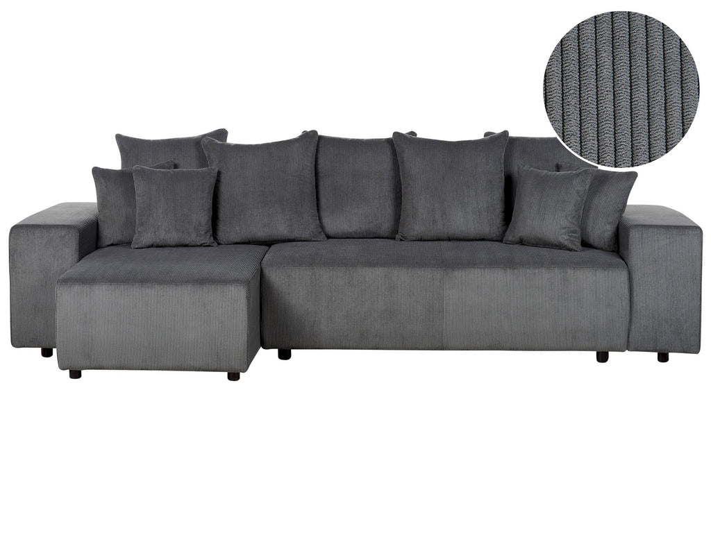 Corner Sofa Bed LUSPA Corduroy Dark Grey with Storage 3 Seater Right Hand