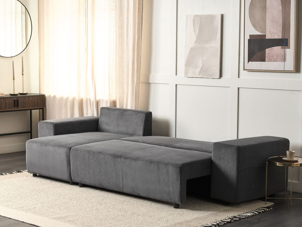 Corner Sofa Bed LUSPA Corduroy Dark Grey with Storage 3 Seater Right Hand