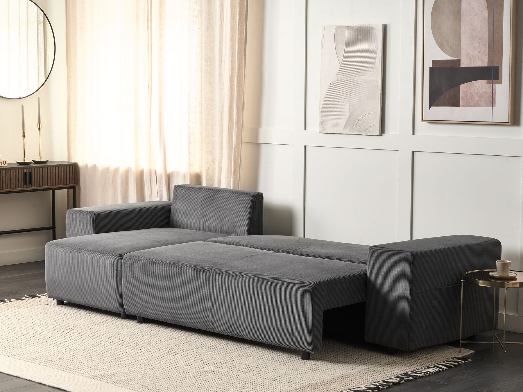 Corner Sofa Bed LUSPA Corduroy Dark Grey with Storage 3 Seater Right Hand