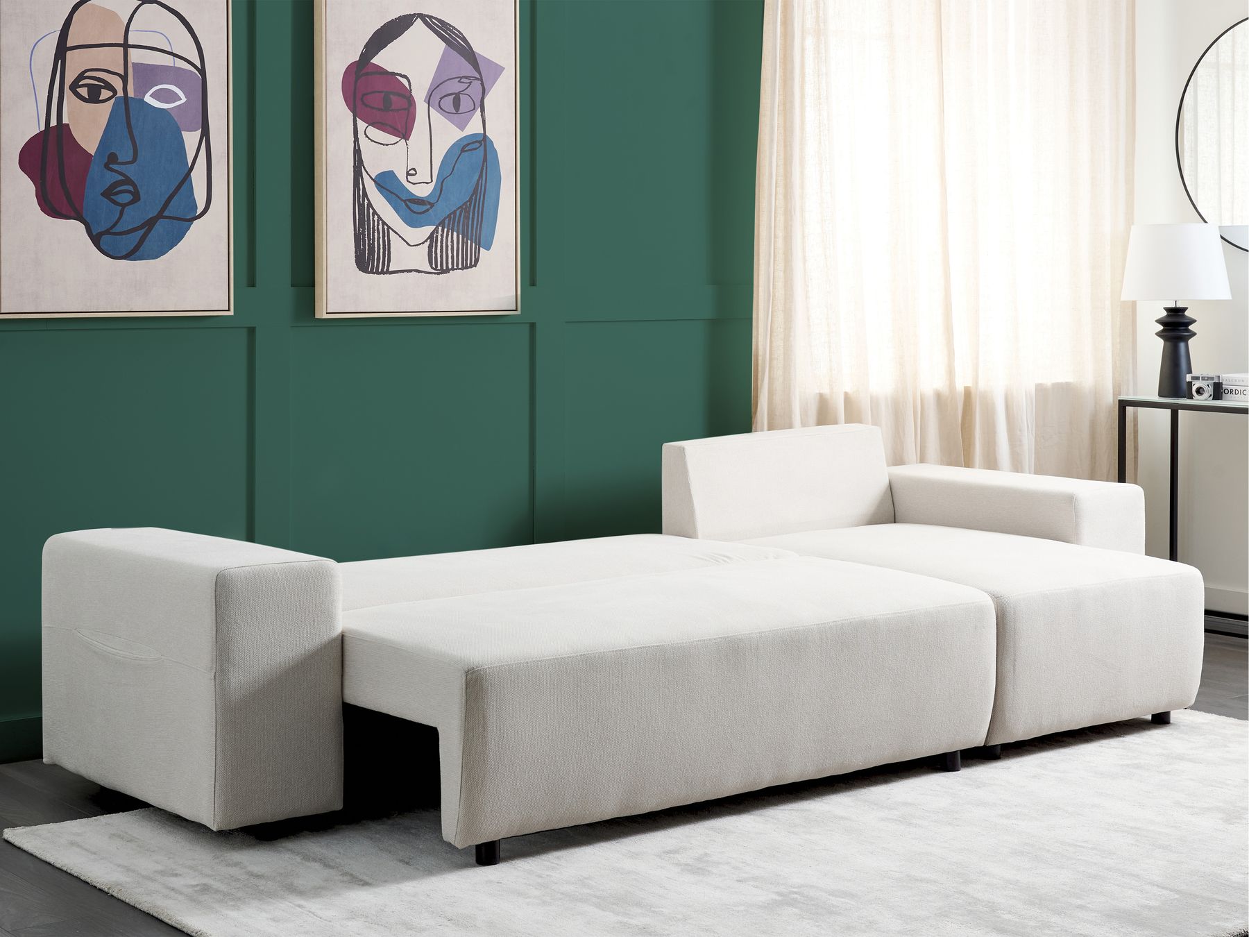 Corner Sofa Bed LUSPA Fabric Light Beige with Storage 3 Seater Left Hand